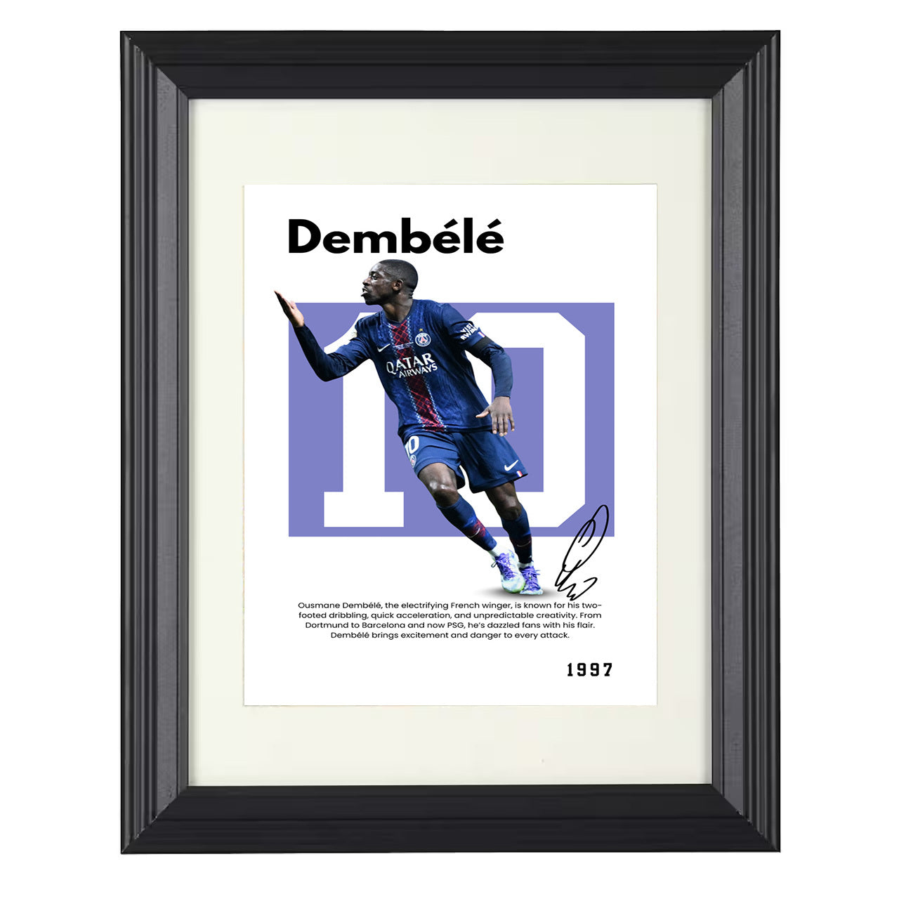 Ousmane Dembélé – No. 19 Player Bio Artwork 8x10 matted black framed soccer wall art