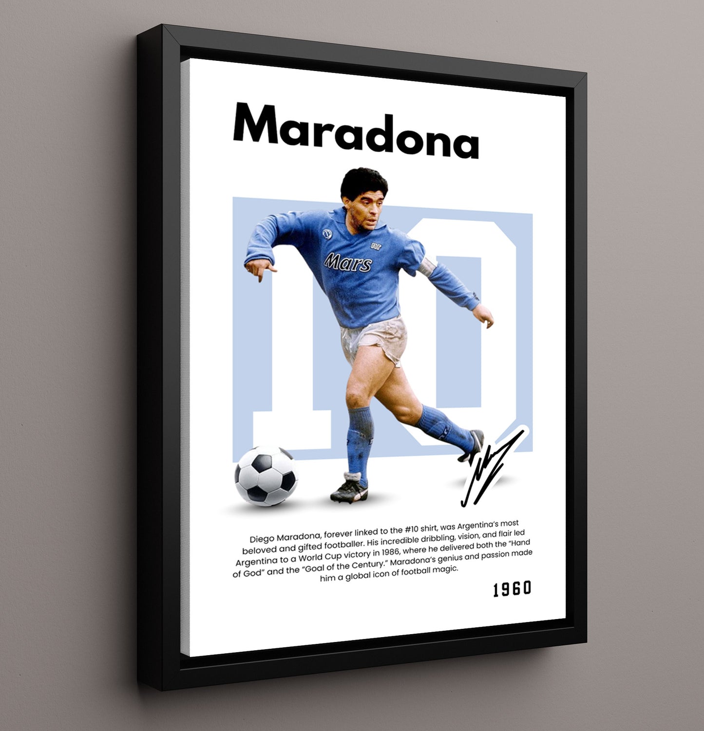 Soccer Legends - Diego Maradona - No. 10 Player Bio Poster 16x20 16x20 Floating Canvas Display Display wall art print – vintage decor