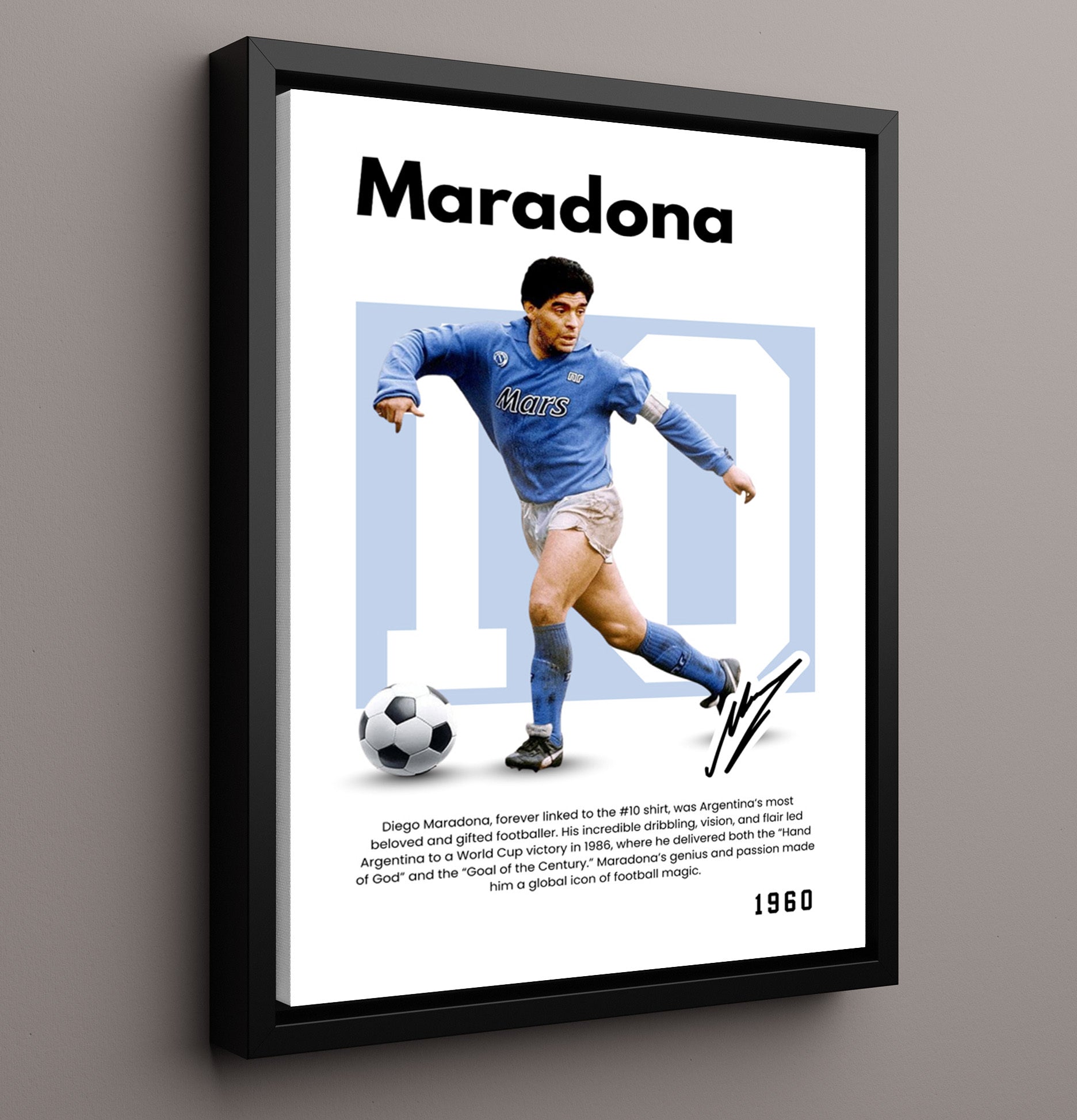 Soccer Legends - Diego Maradona - No. 10 Player Bio Poster 16x20 16x20 Floating Canvas Display Display wall art print – vintage decor