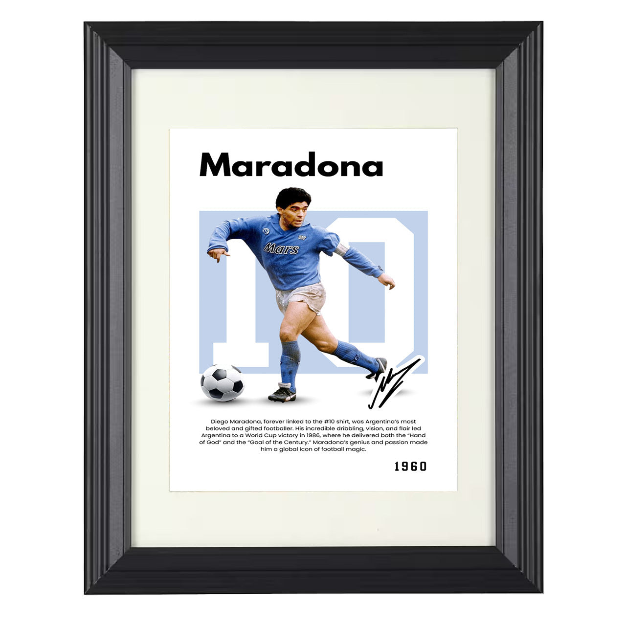 Diego Maradona – No. 10 Player Bio Artwork 8x10 matted black framed soccer wall art
