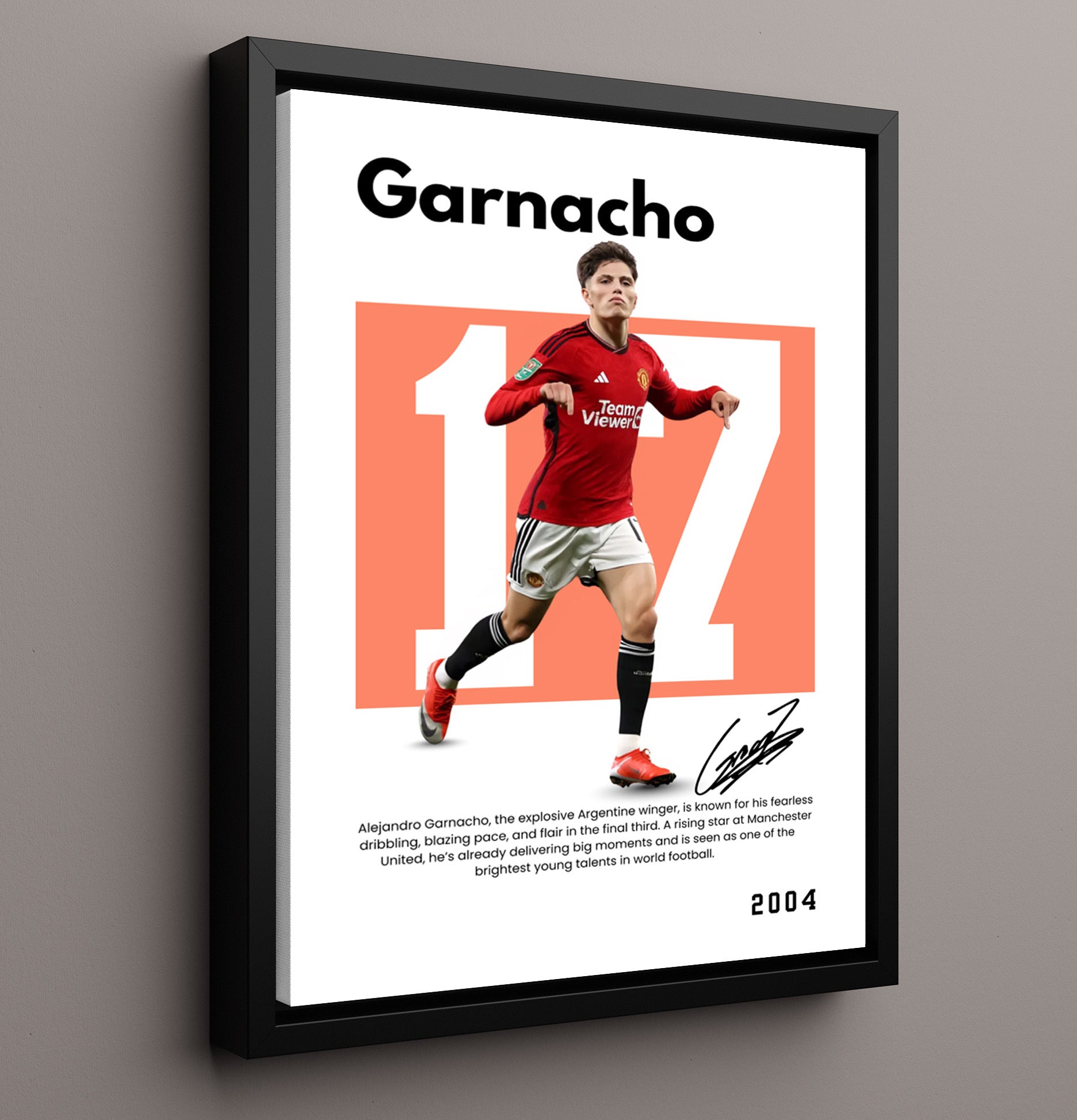 Soccer Legends - Garnacho - No. 09 Player Bio Poster 16x20 16x20 Floating Canvas Display Display wall art print – vintage decor