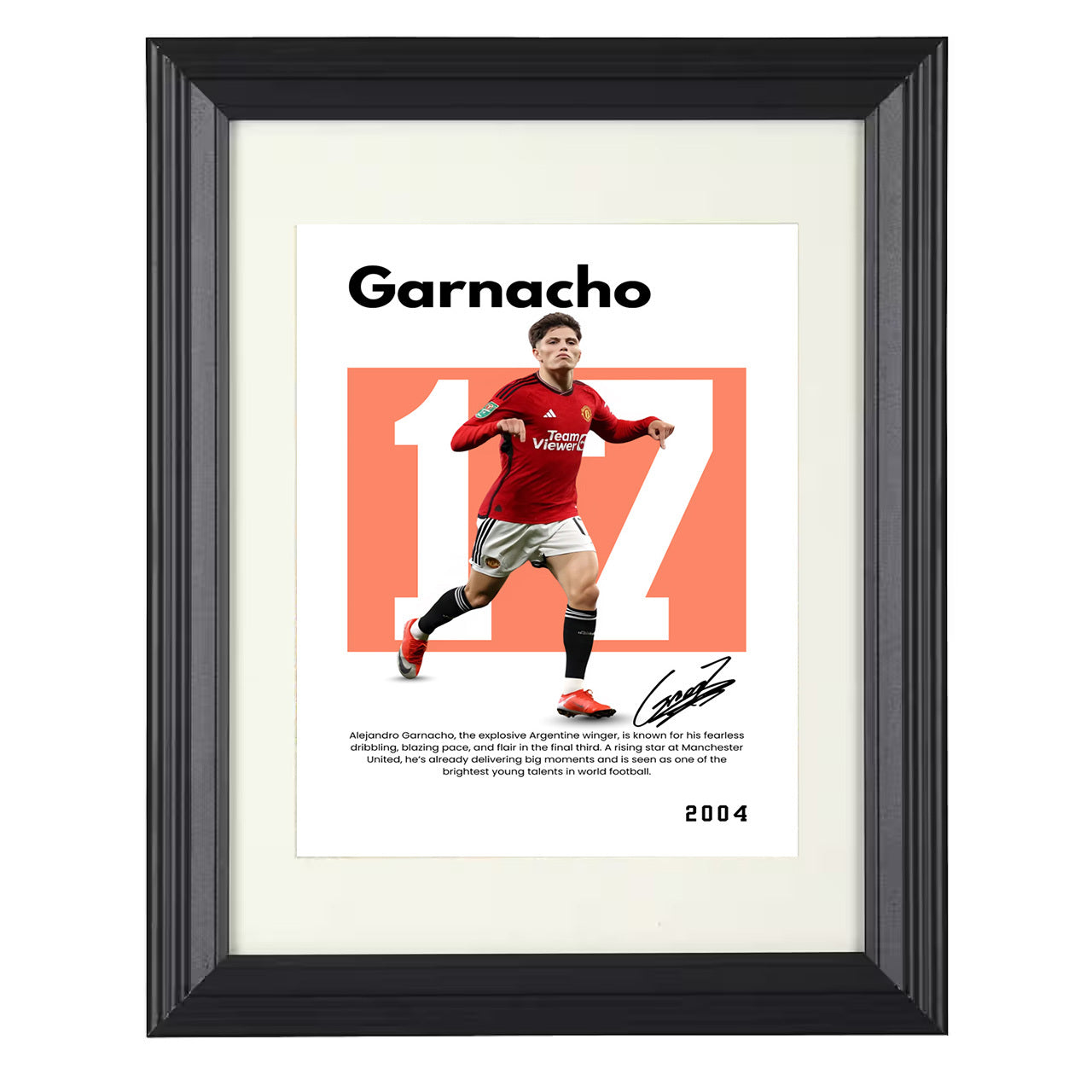 Alejandro Garnacho – No. 09 Player Bio Artwork 8x10 matted black framed soccer wall art