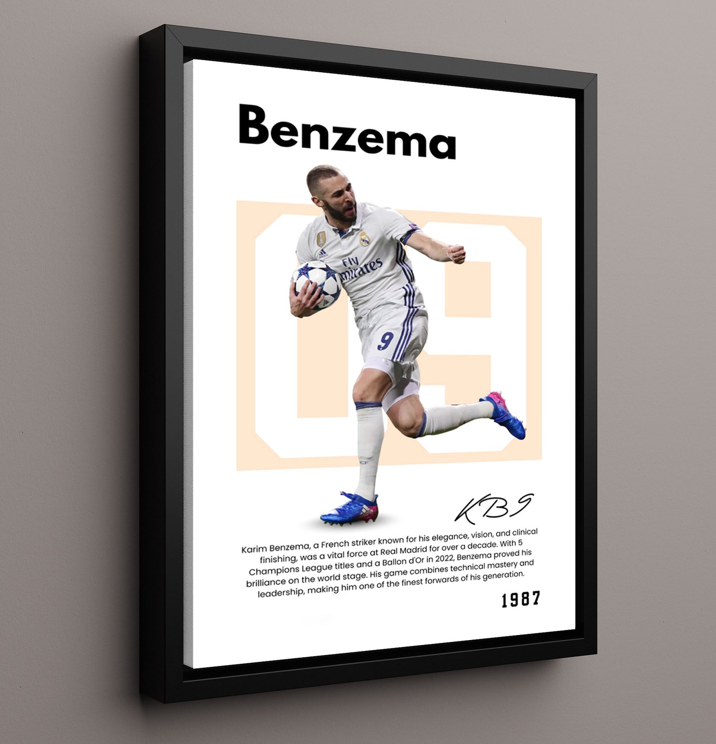 Soccer Legends - Karim Benzema - No. 09 Player Bio Poster 16x20 16x20 Floating Canvas Display Display wall art print – vintage decor