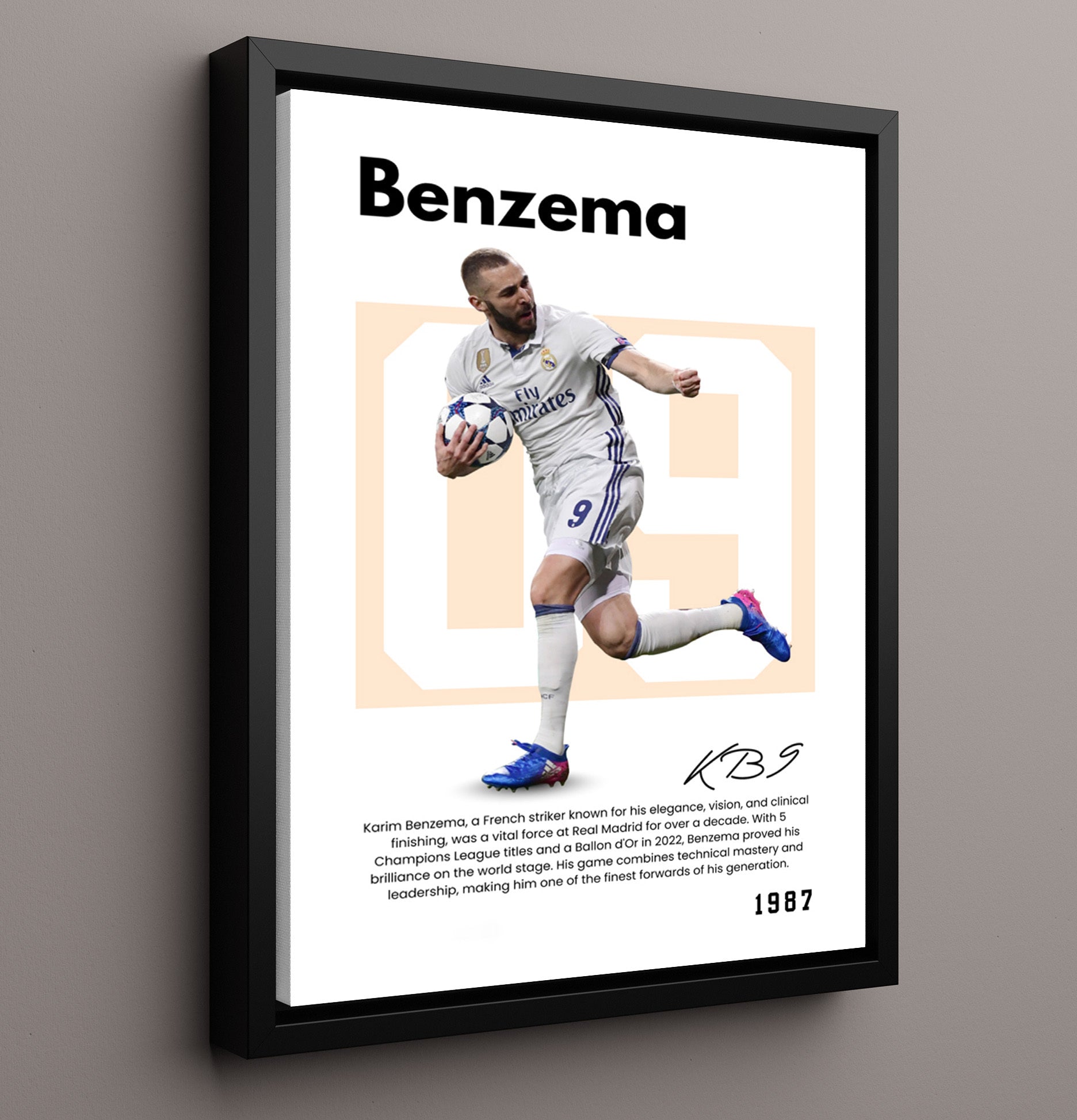 Soccer Legends - Karim Benzema - No. 09 Player Bio Poster 16x20 16x20 Floating Canvas Display Display wall art print – vintage decor