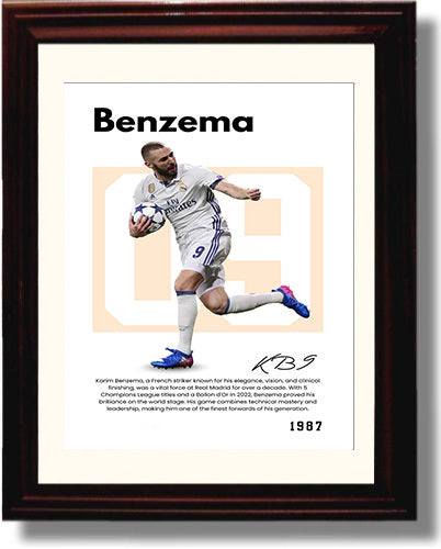 Soccer Legends - Karim Benzema - No. 09 Player Bio Poster Framed 8x10 Matted Beveled Frame Beveled Frame wall art print – vintage decor
