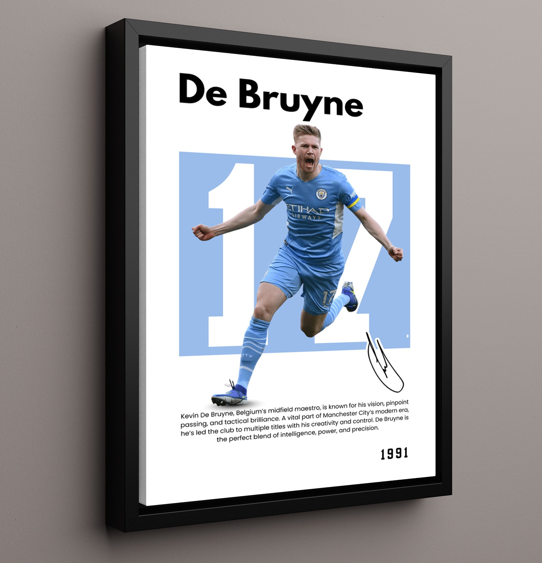 Soccer Legends - Kevin De Bruyne - No. 17 Player Bio Poster 16x20 16x20 Floating Canvas Display Display wall art print – vintage decor