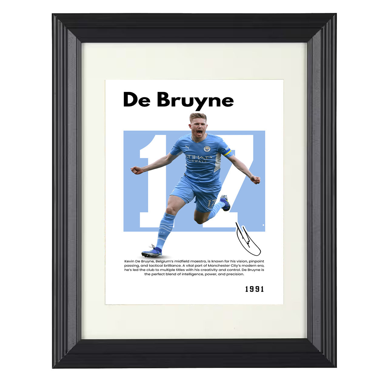 Kevin De Bruyne – No. 17 Player Bio Artwork 8x10 matted black framed soccer wall art