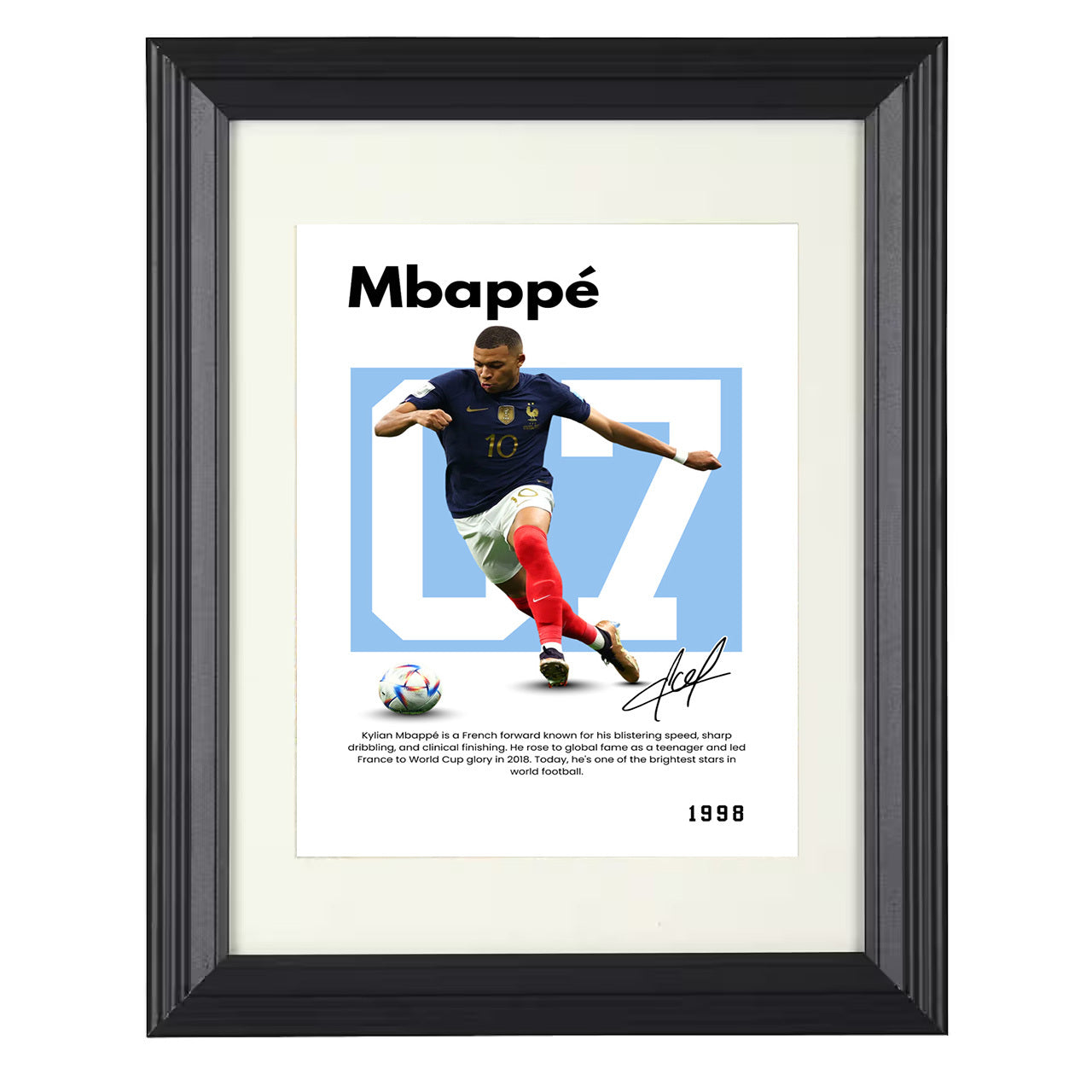 Kylian Mbappé – No. 07 Player Bio Artwork 8x10 matted black framed soccer wall art