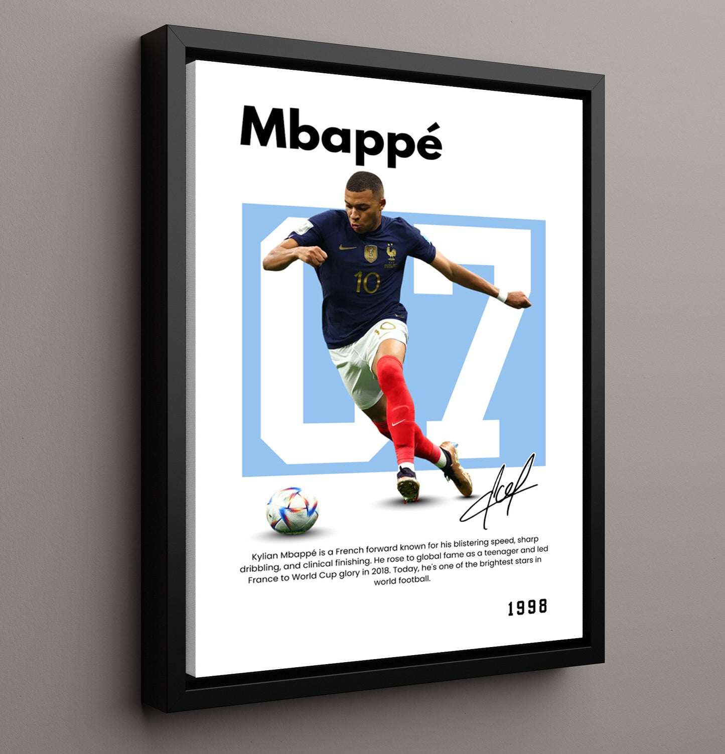 Soccer Legends - Kylian Mbappe - No. 07 Player Bio Poster 16x20 16x20 Floating Canvas Display Display wall art print – vintage decor