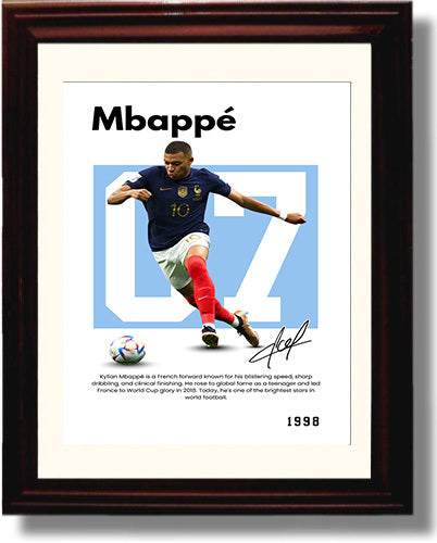 Soccer Legends - Kylian Mbappe - No. 07 Player Bio Poster Framed 8x10 Matted Beveled Frame Beveled Frame wall art print – vintage decor