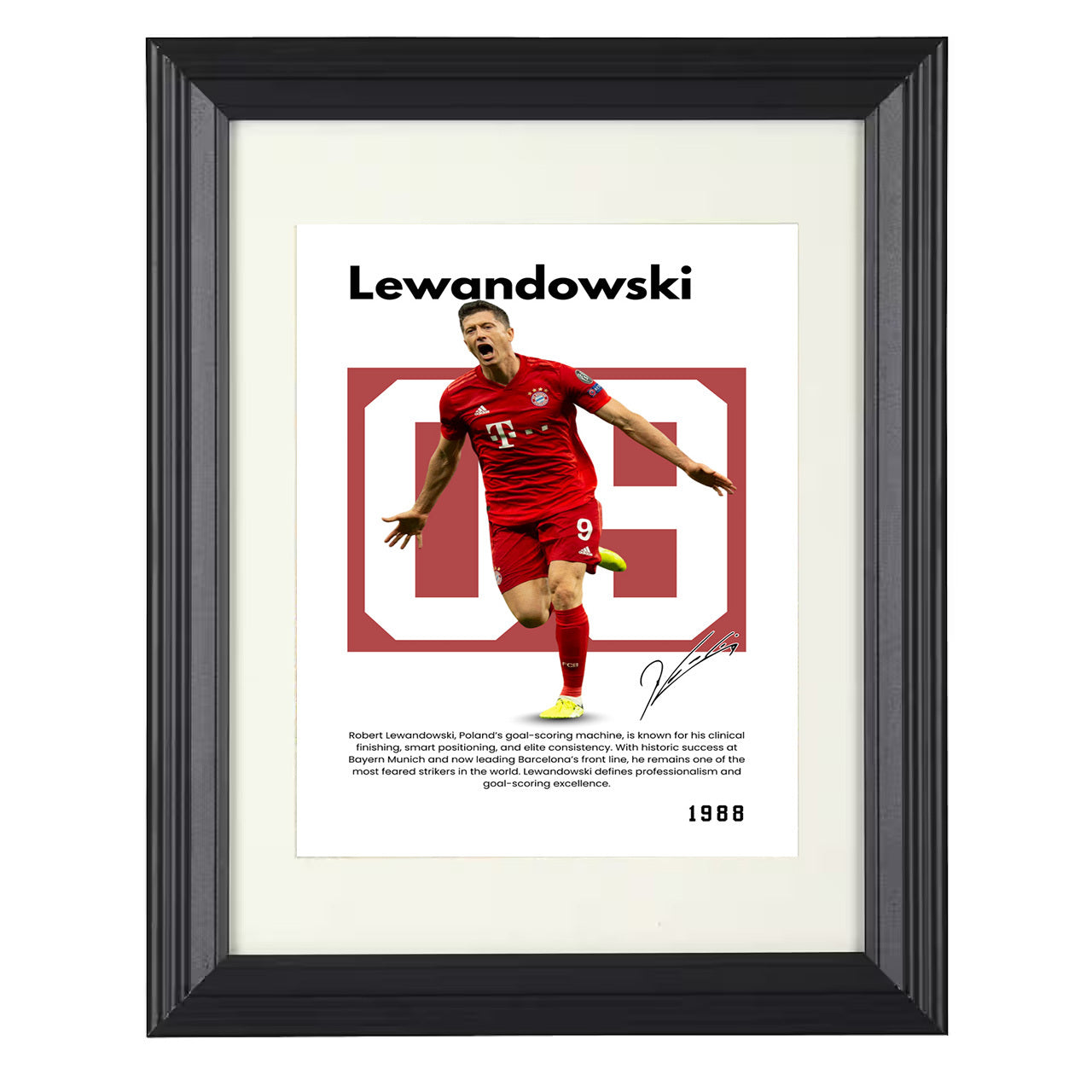 Robert Lewandowski – No. 02 Player Bio Artwork 8x10 matted black framed soccer wall art