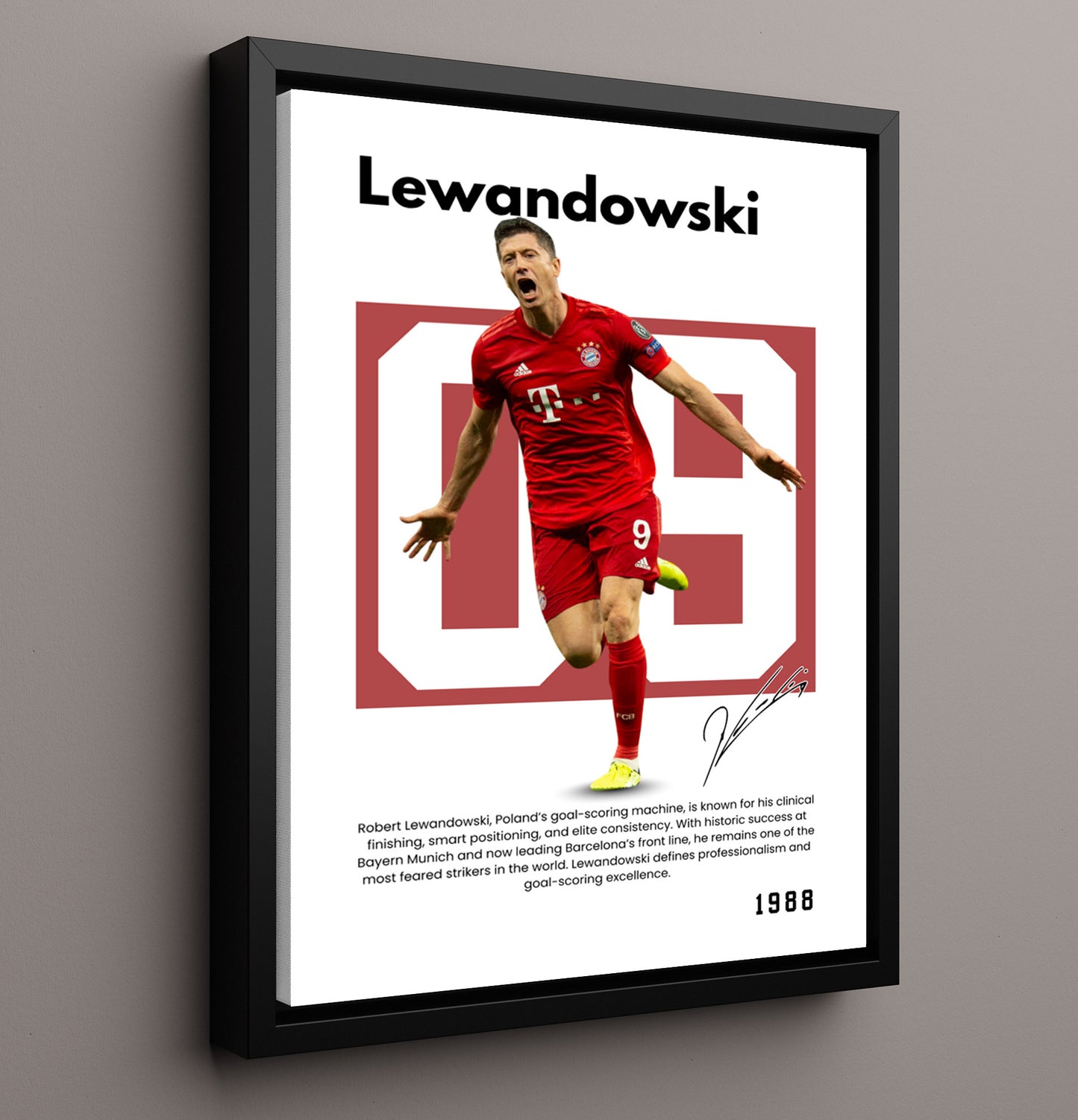 Soccer Legends - Lewandowski - No. 02 Player Bio Poster 16x20 16x20 Floating Canvas Display Display wall art print – vintage decor