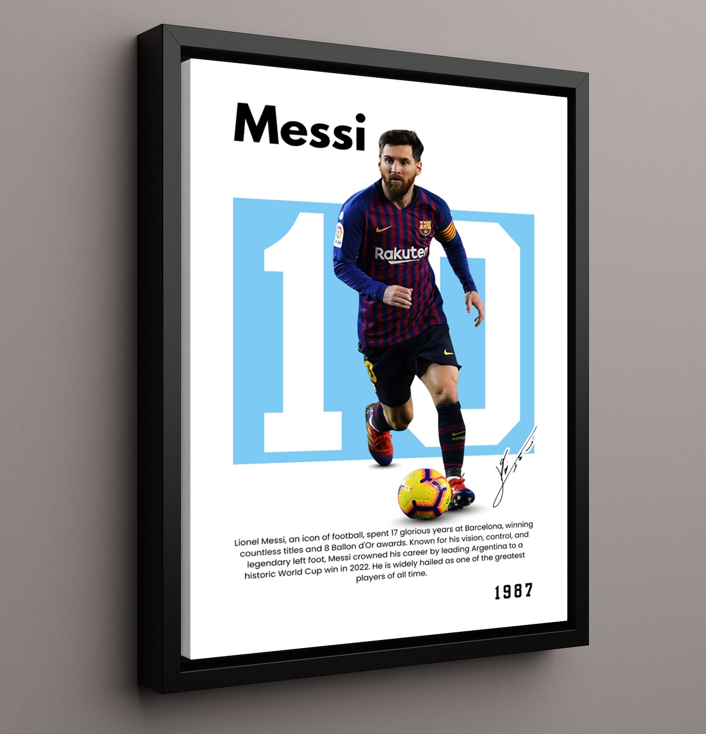 Soccer Legends - Lionel Messi - No. 10 Player Bio Poster 16x20 16x20 Floating Canvas Display Display wall art print – vintage decor