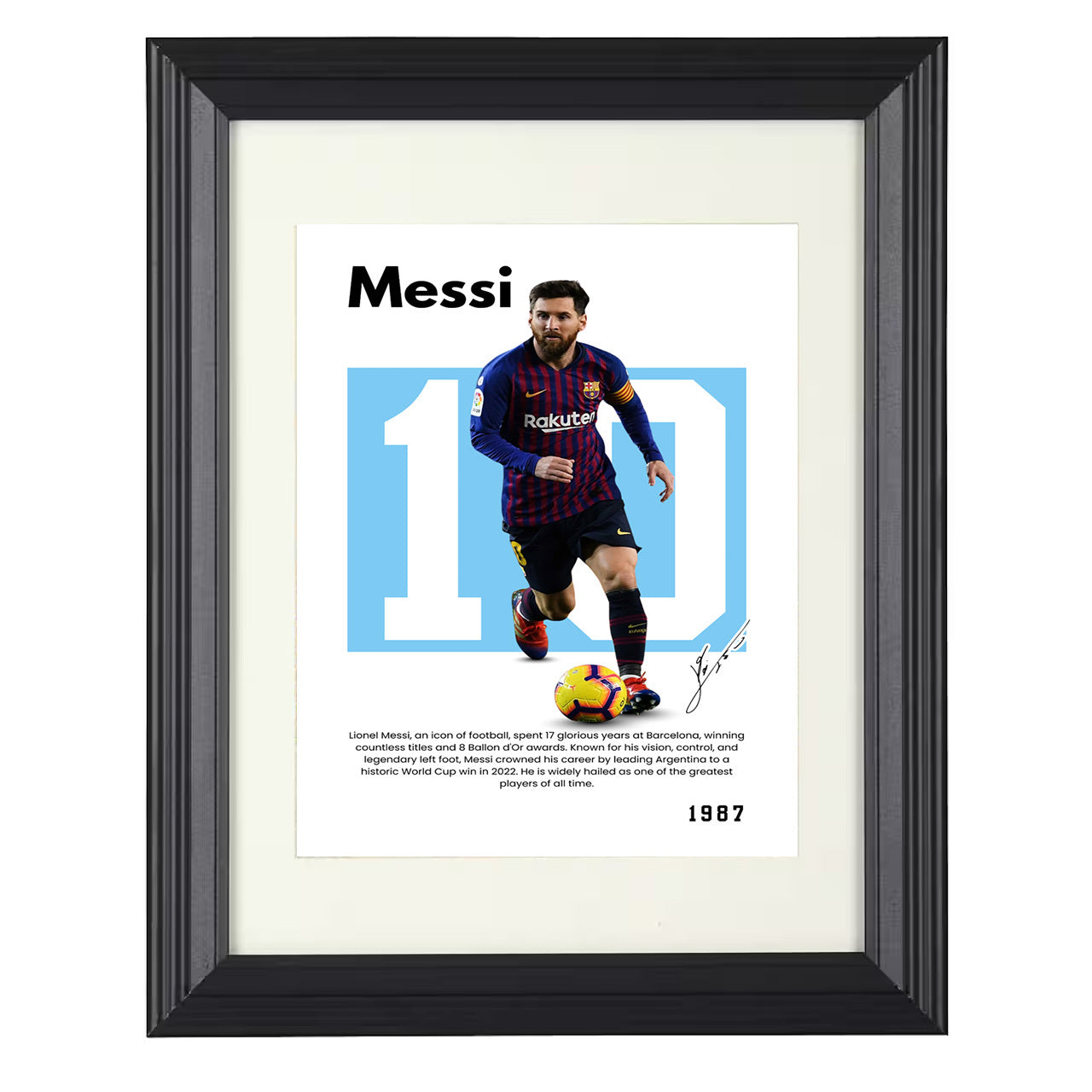 Lionel Messi – No. 10 Player Bio Artwork 8x10 matted black framed soccer wall art
