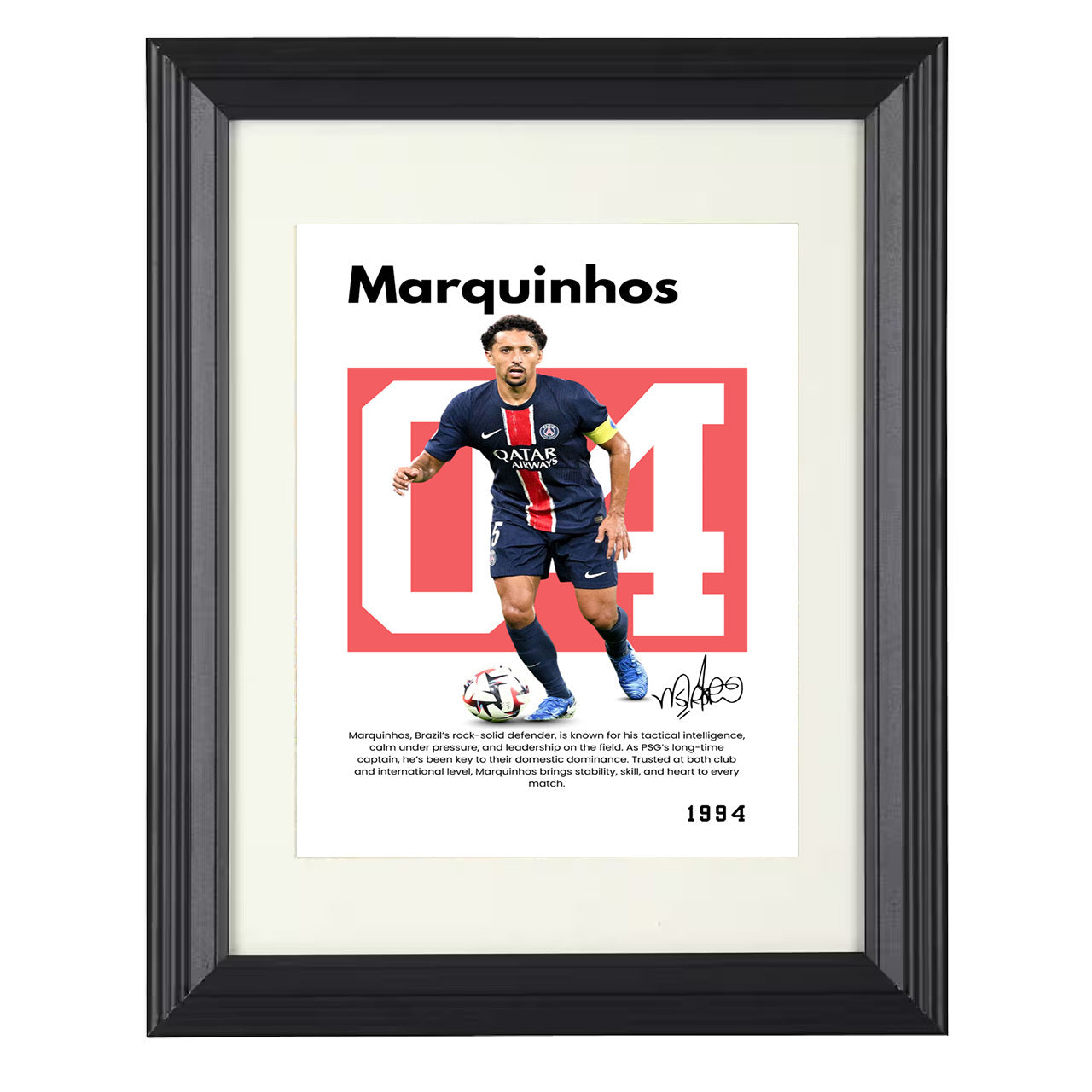 Marquinhos – No. 05 Player Bio Artwork 8x10 matted black framed soccer wall art