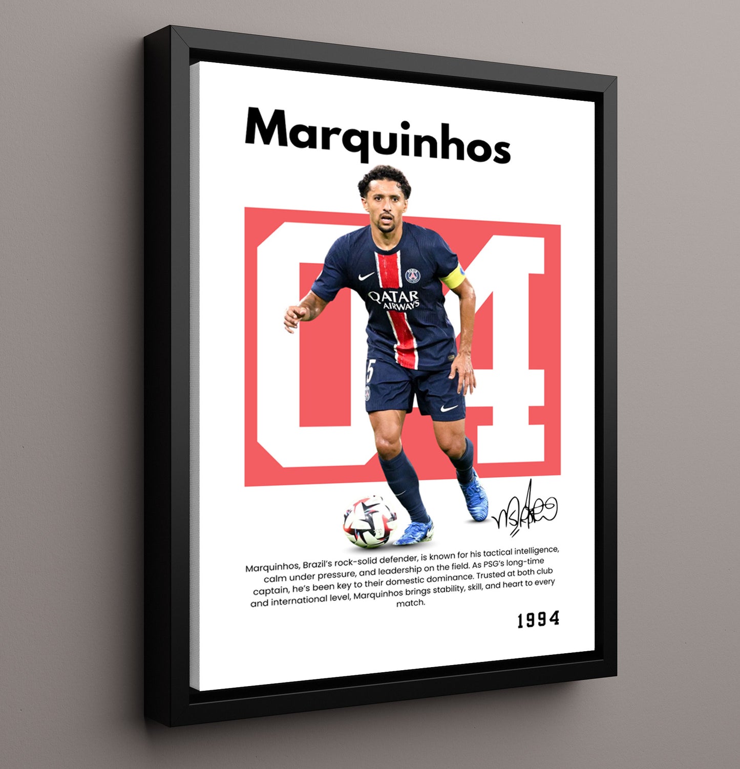 Soccer Legends - Marquinhos - No. 05 Player Bio Poster 16x20 16x20 Floating Canvas Display Display wall art print – vintage decor