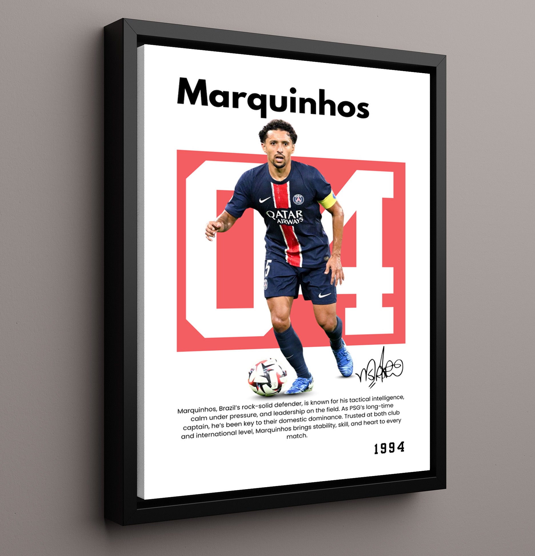 Soccer Legends - Marquinhos - No. 05 Player Bio Poster 16x20 16x20 Floating Canvas Display Display wall art print – vintage decor