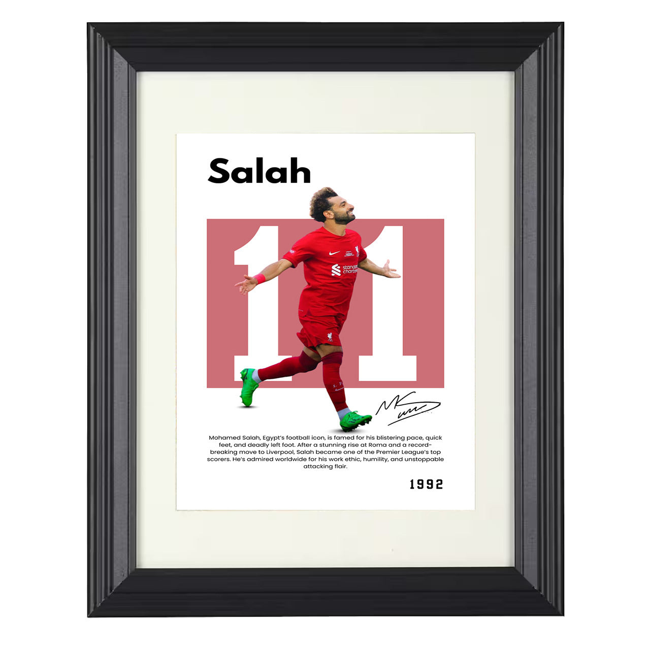 Mohamed Salah – No. 11 Player Bio Artwork 8x10 matted black framed soccer wall art