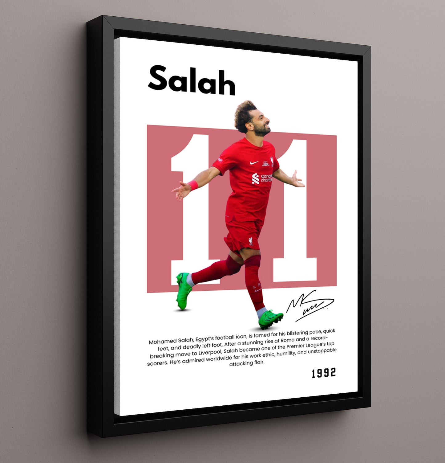 Soccer Legends - Mohamed Salah - No. 11 Player Bio Poster 16x20 16x20 Floating Canvas Display Display wall art print – vintage decor