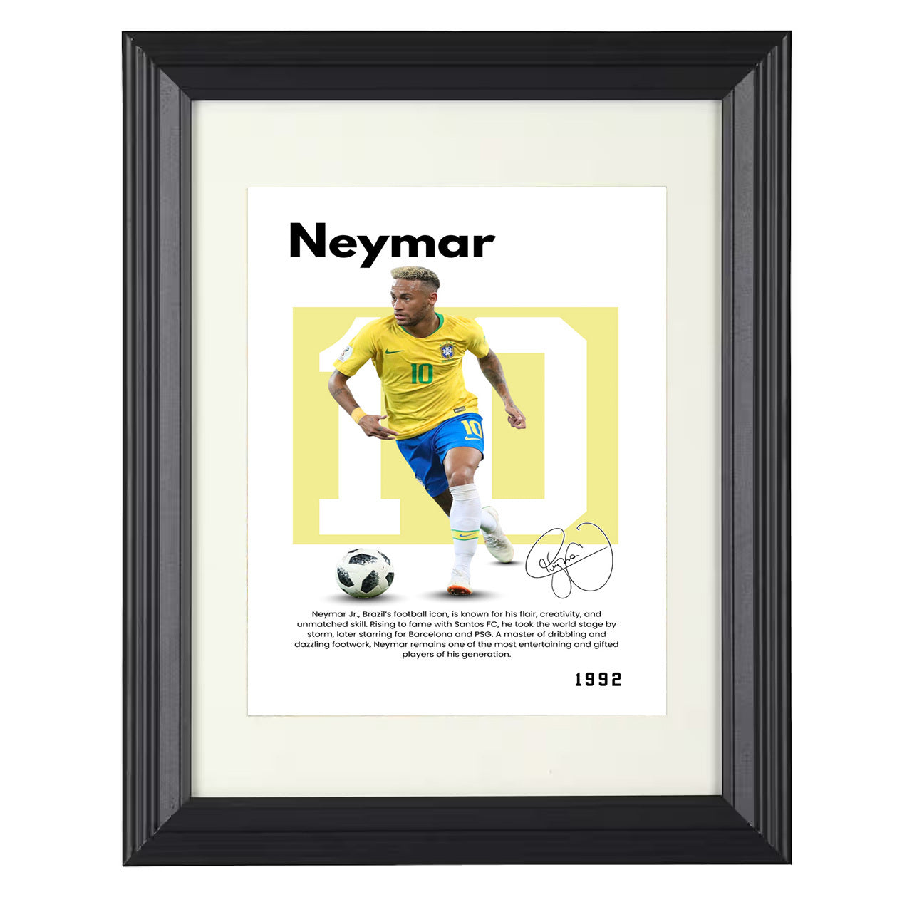 Neymar Jr. – No. 10 Player Bio Artwork 8x10 matted black framed soccer wall art