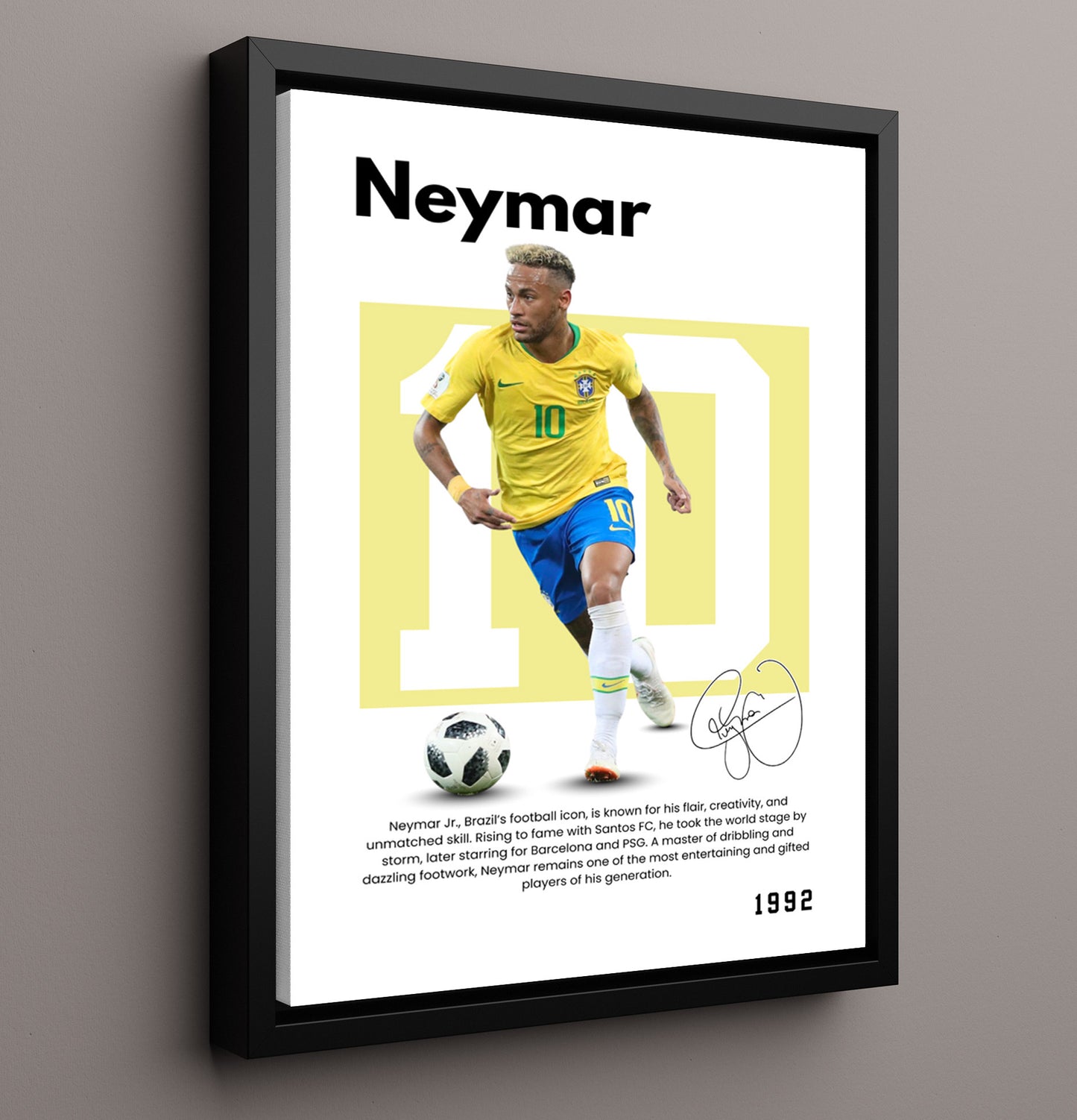 Soccer Legends - Neymar - No. 10 Player Bio Poster 16x20 16x20 Floating Canvas Display Display wall art print – vintage decor