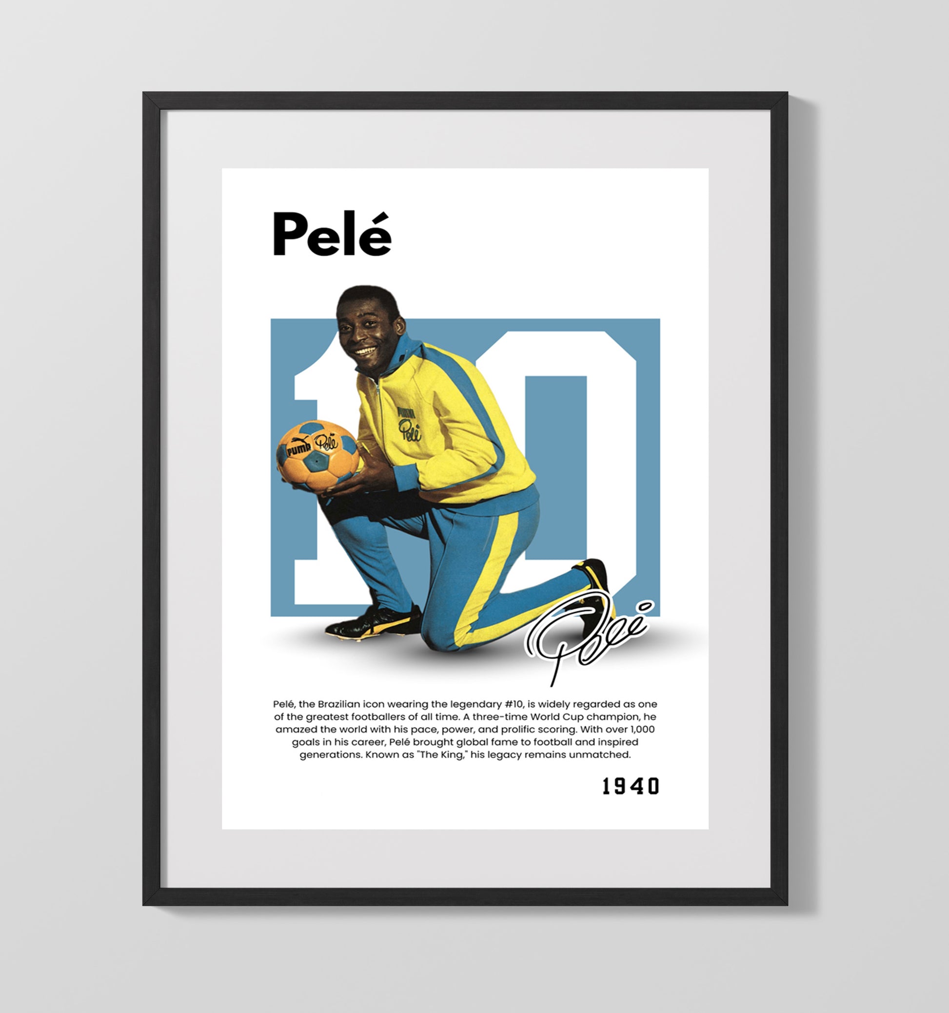 Soccer Legends - Pele - No. 10 Player Bio Poster 16x20 16x20 Gallery Framed Artworkd Artwork wall art print – vintage decor