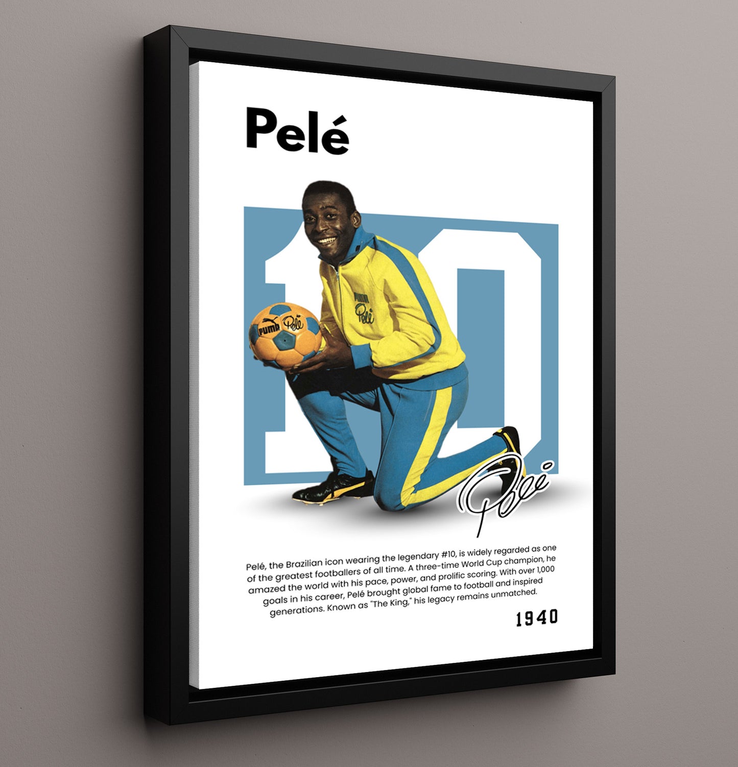 Soccer Legends - Pele - No. 10 Player Bio Poster 16x20 16x20 Floating Canvas Display Display wall art print – vintage decor