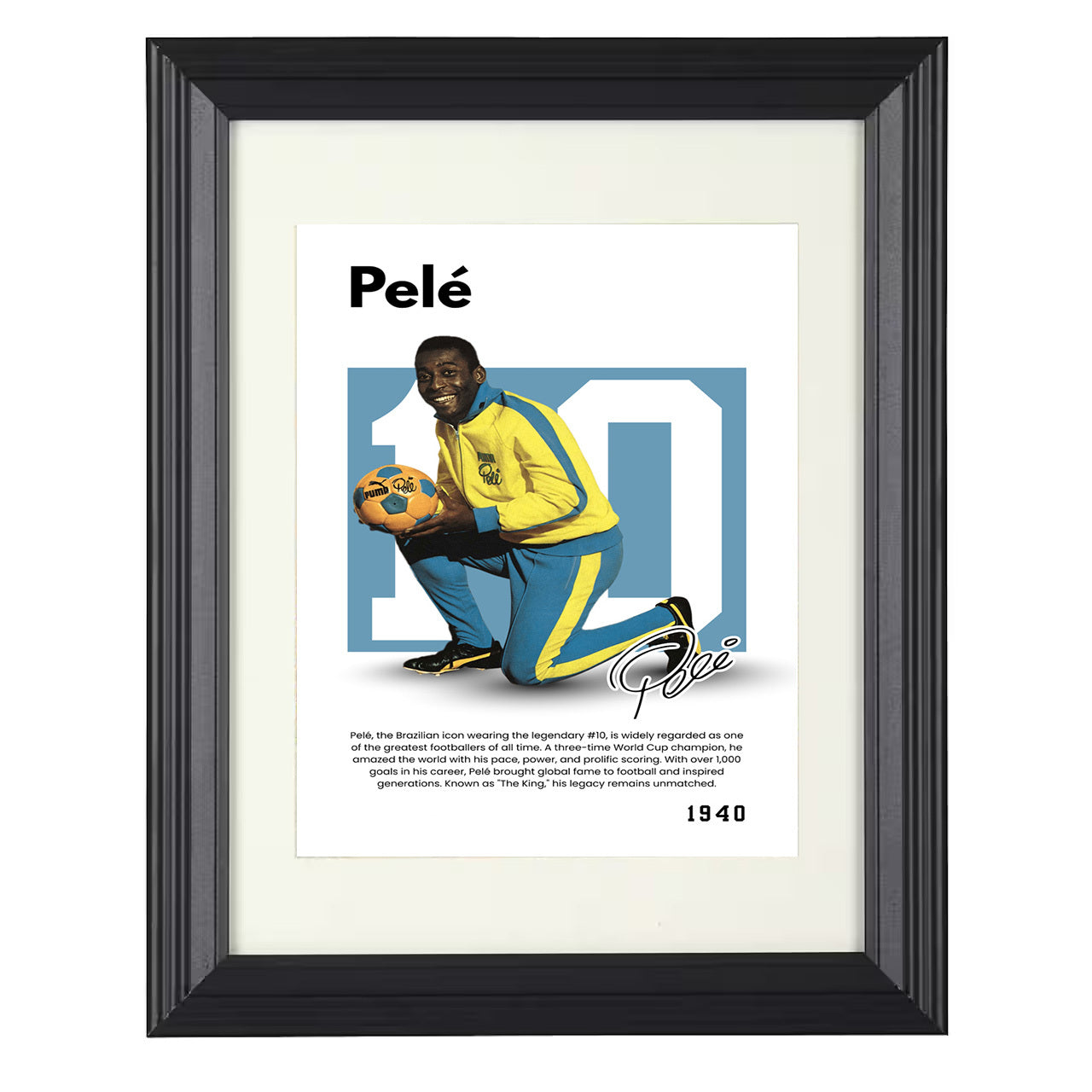 Pelé – No. 10 Player Bio Artwork 8x10 matted black framed soccer wall art