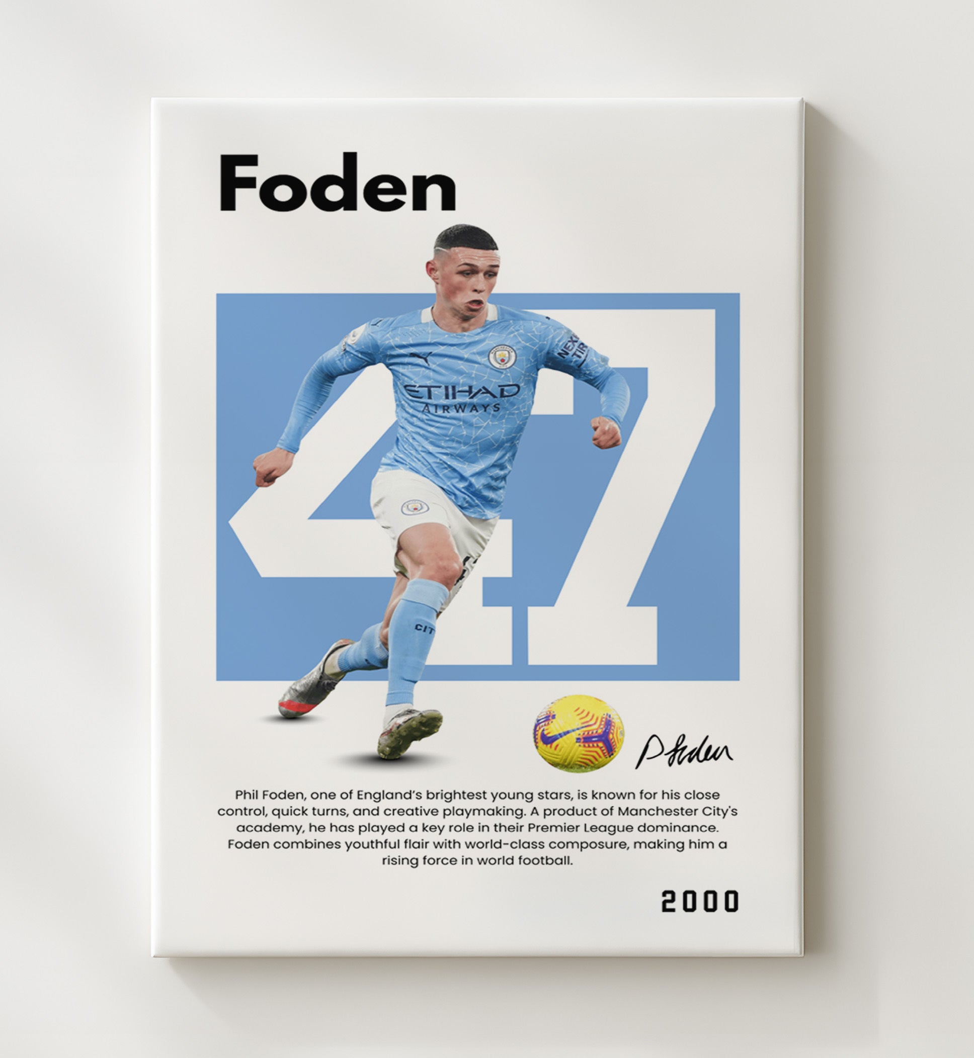 Soccer Legends - Phil Foden - No. 47 Player Bio Poster 16x20 16x20 Canvas Wall Art wall art print – vintage decor