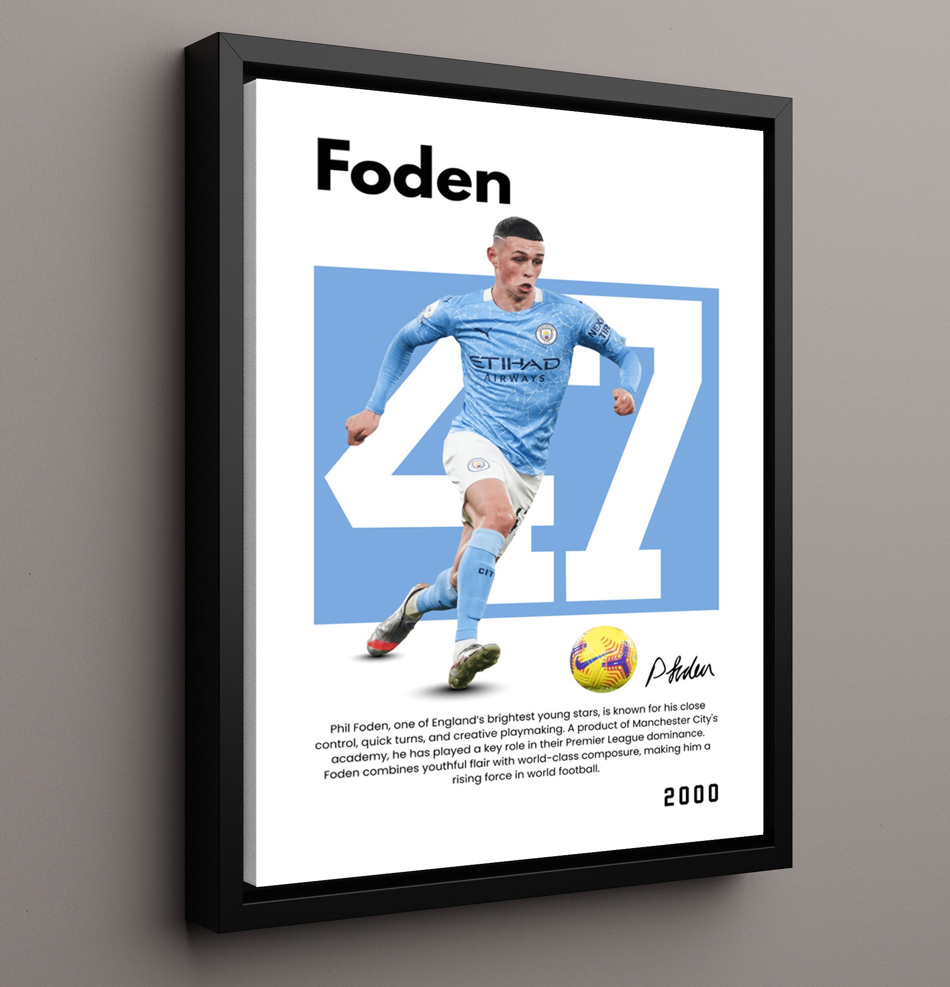 Soccer Legends - Phil Foden - No. 47 Player Bio Poster 16x20 16x20 Floating Canvas Display Display wall art print – vintage decor