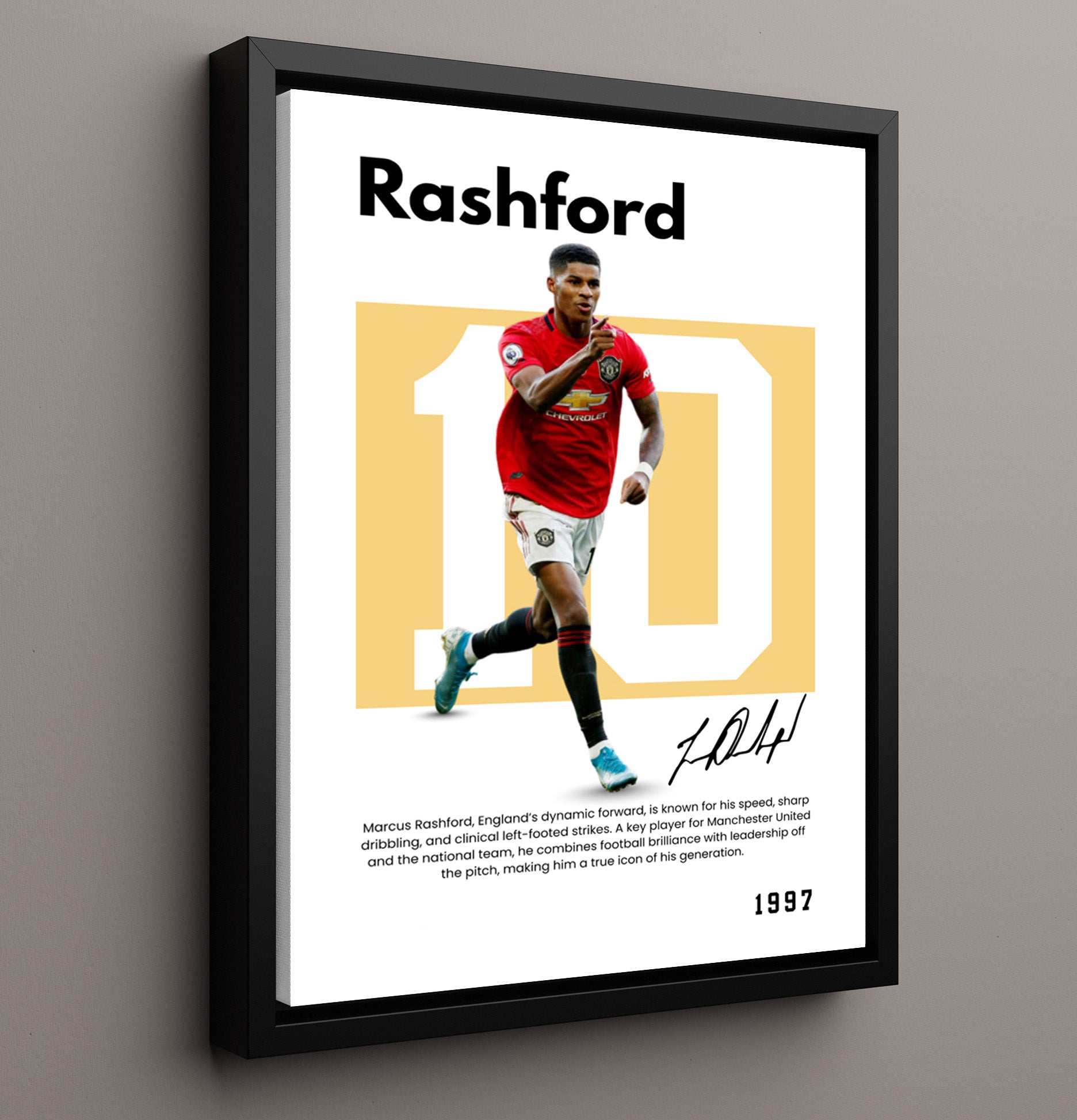 Soccer Legends - Rashford - No. 09 Player Bio Poster 16x20 16x20 Floating Canvas Display Display wall art print – vintage decor