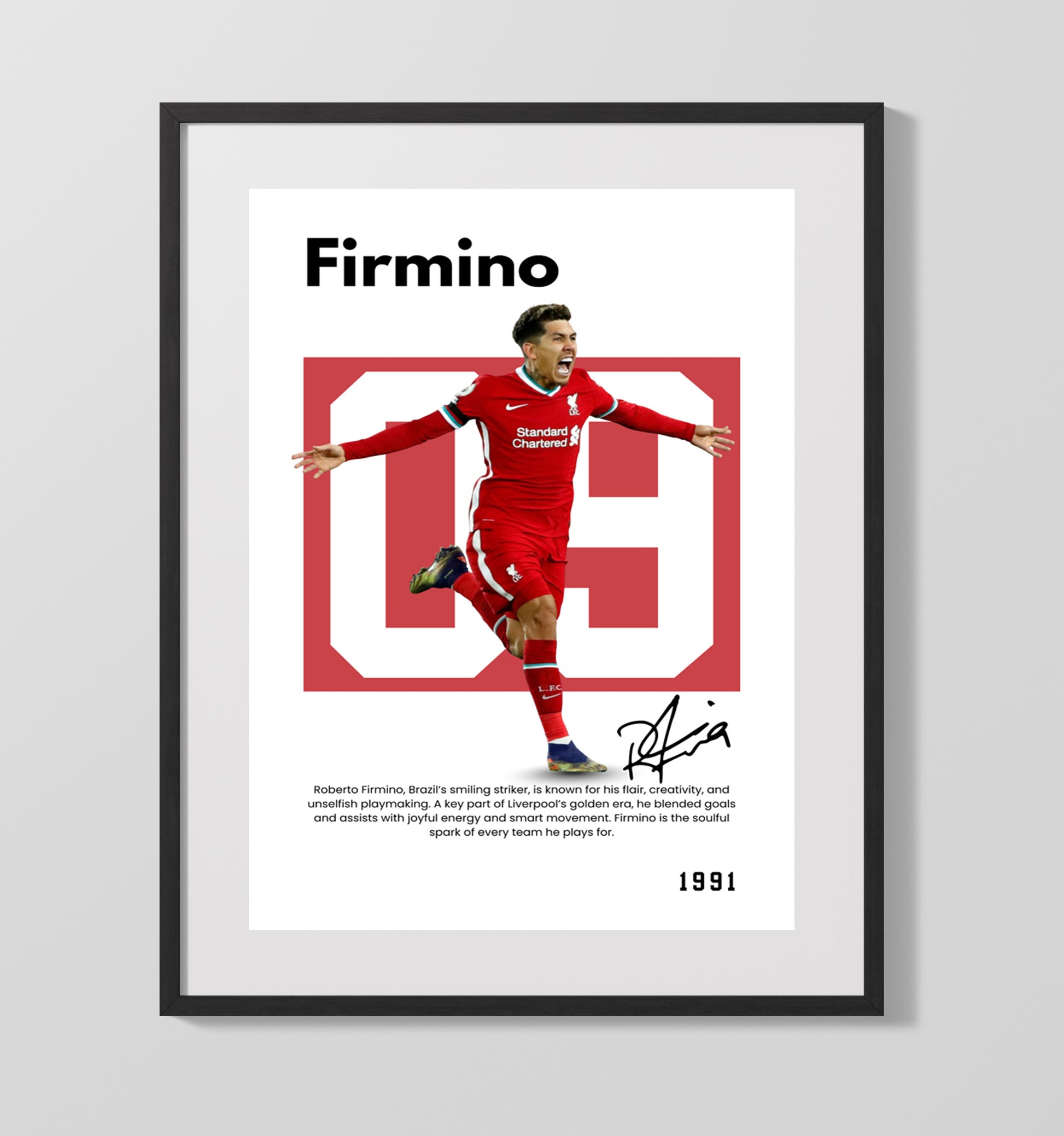 Soccer Legends - Roberto Firmino - No. 09 Player Bio Poster 16x20 16x20 Gallery Framed Artworkd Artwork wall art print – vintage decor