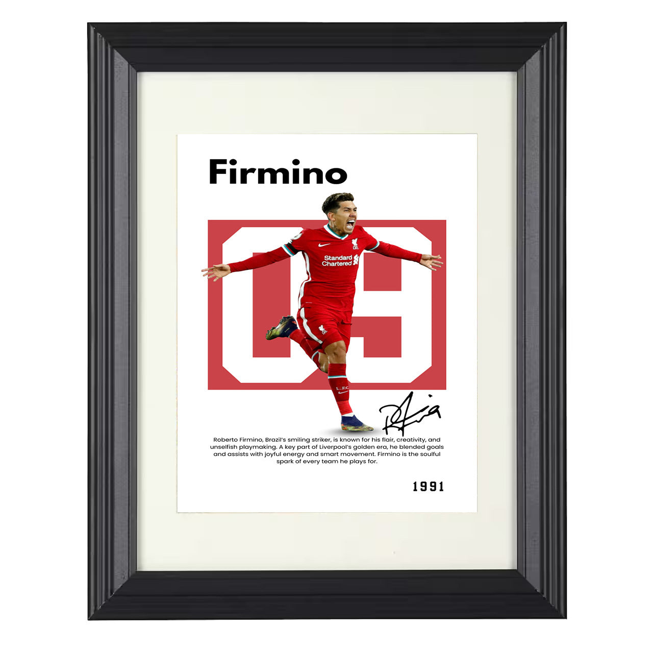 Roberto Firmino – No. 09 Player Bio Artwork 8x10 matted black framed soccer wall art