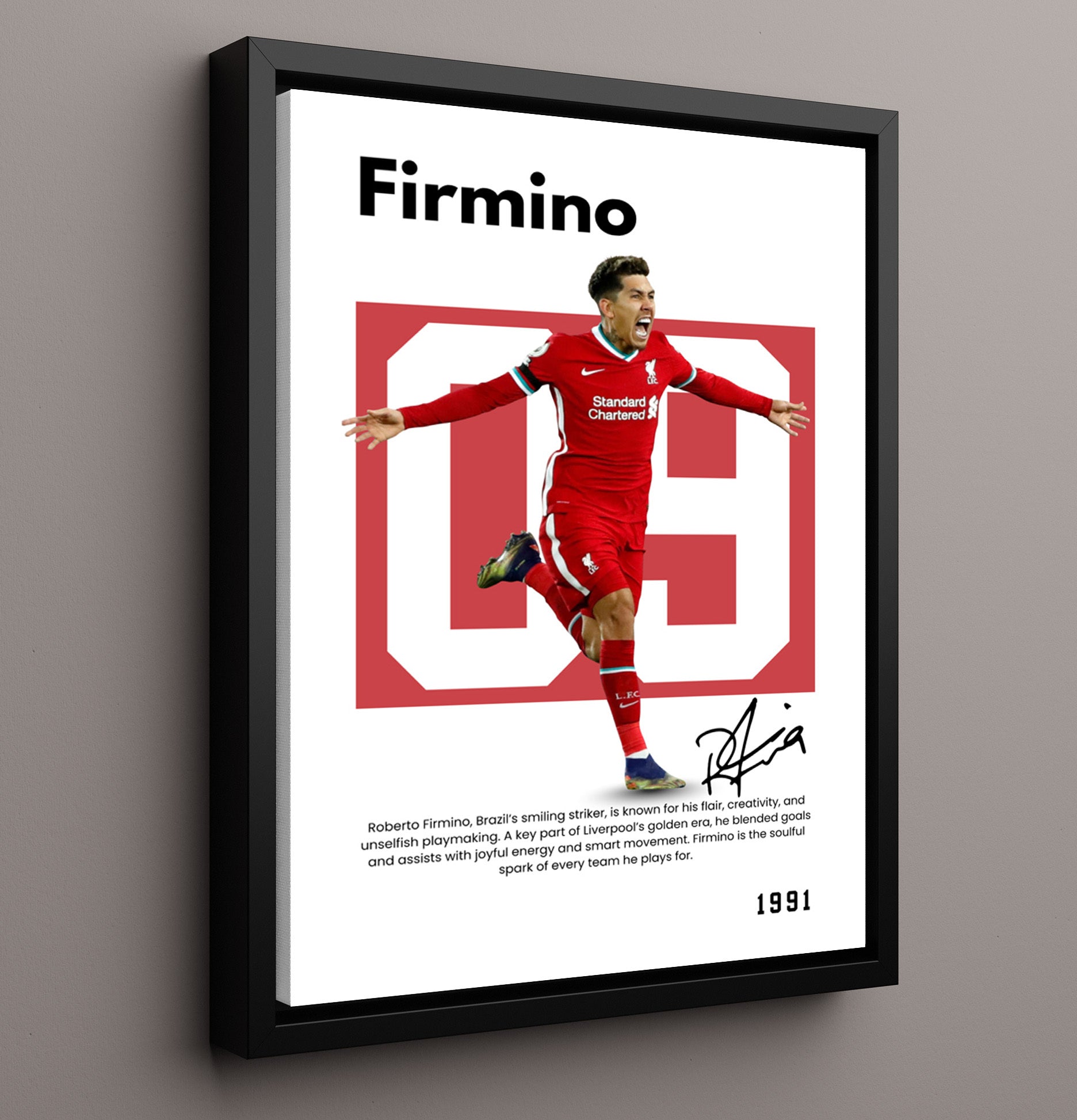 Soccer Legends - Roberto Firmino - No. 09 Player Bio Poster 16x20 16x20 Floating Canvas Display Display wall art print – vintage decor