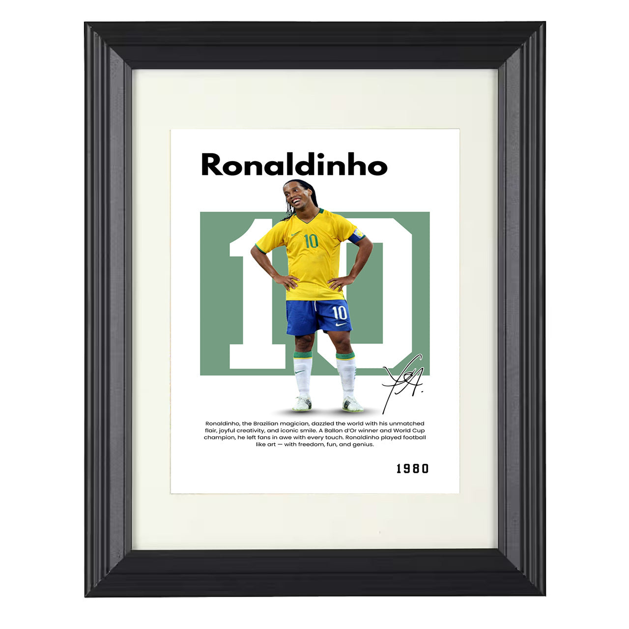 Ronaldinho – No. 05 Player Bio Artwork 8x10 matted black framed soccer wall art