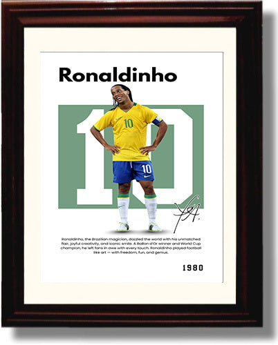 Soccer Legends - Ronaldinho - No. 05 Player Bio Poster Framed 8x10 Matted Beveled Frame Beveled Frame wall art print – vintage decor