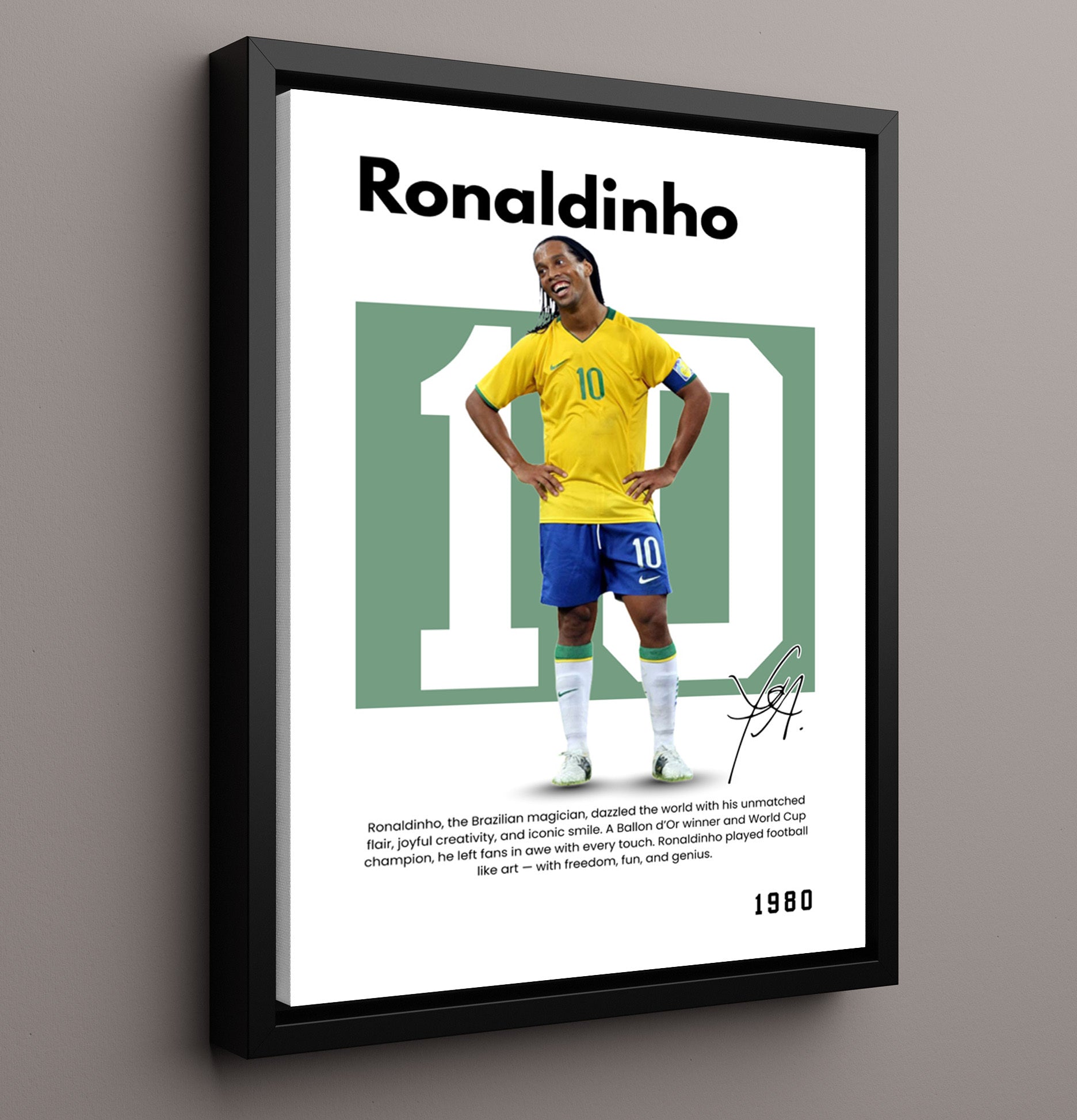 Soccer Legends - Ronaldinho - No. 05 Player Bio Poster 16x20 16x20 Floating Canvas Display Display wall art print – vintage decor