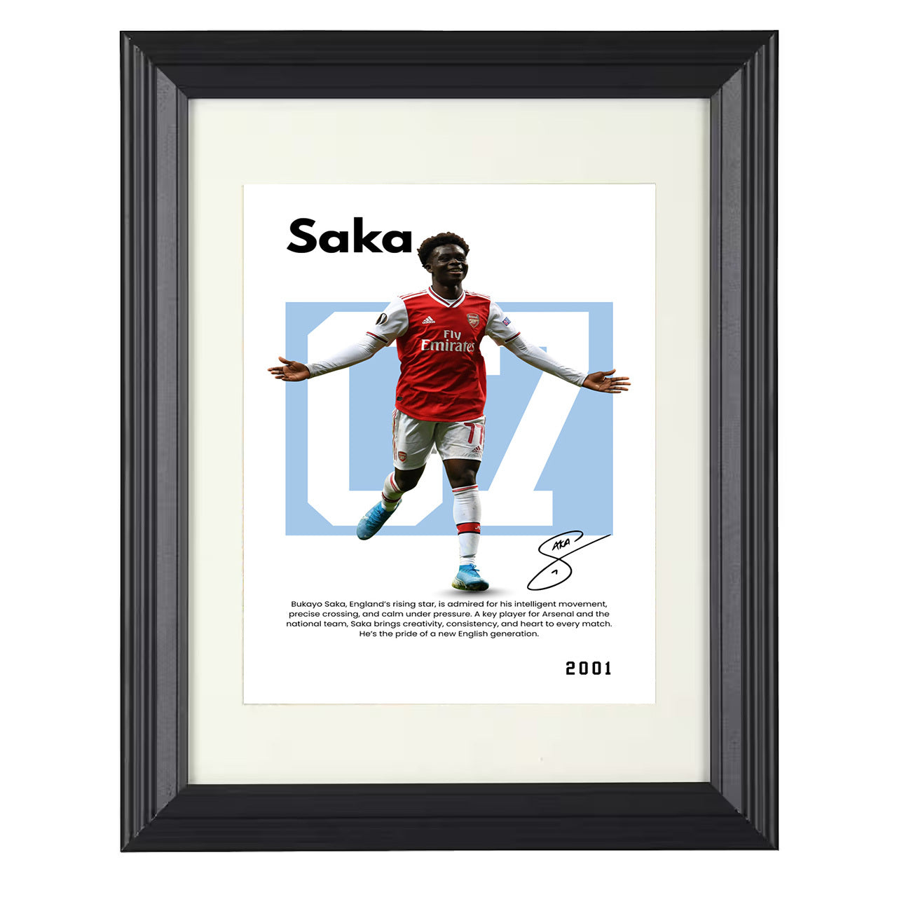 Bukayo Saka – No. 05 Player Bio Artwork 8x10 matted black framed soccer wall art