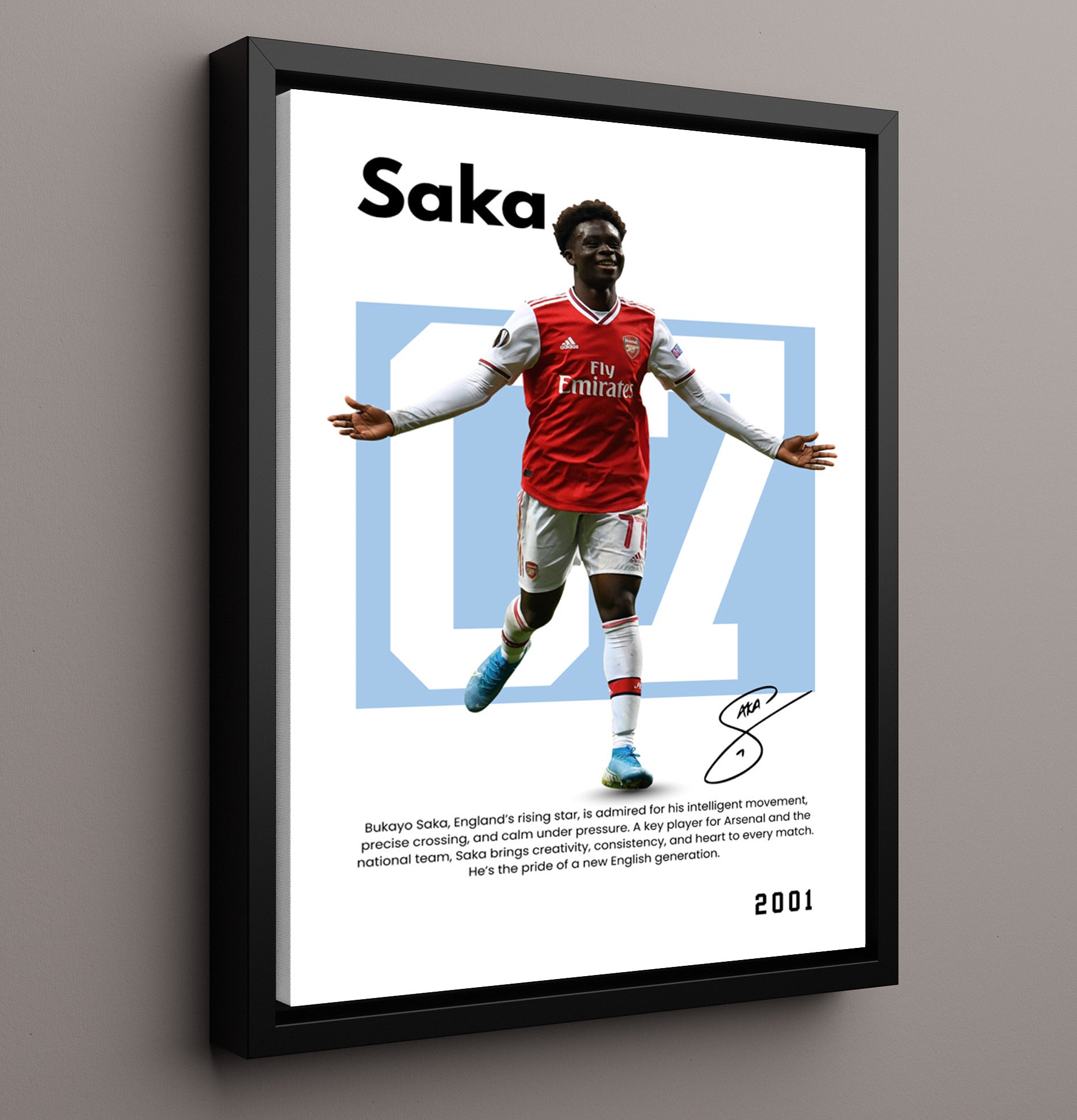 Soccer Legends - Saka - No. 05 Player Bio Poster 16x20 16x20 Floating Canvas Display Display wall art print – vintage decor