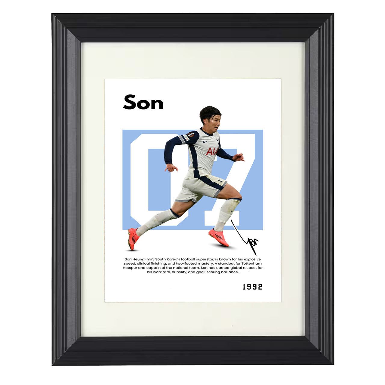 Son Heung-min – No. 06 Player Bio Artwork 8x10 matted black framed soccer wall art