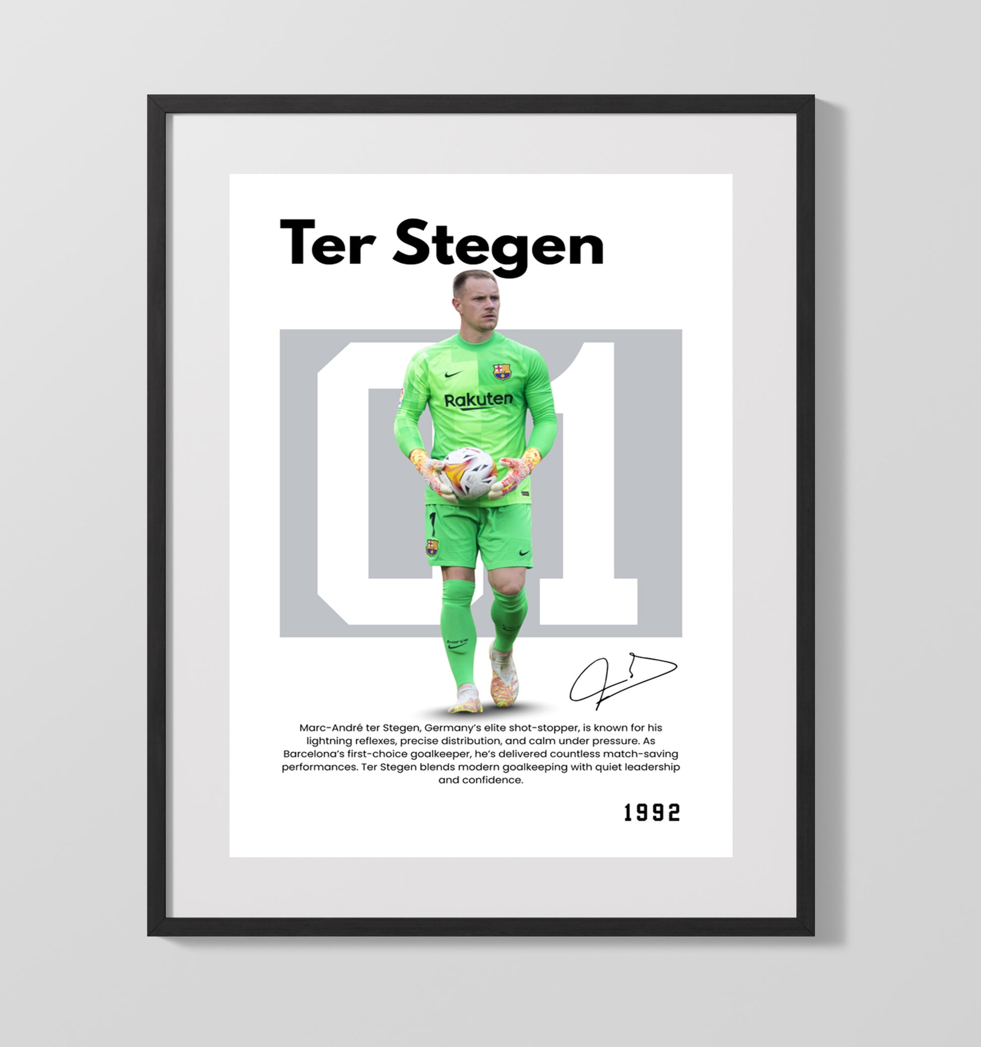 Soccer Legends - Ter Stegen - No. 07 Player Bio Poster 16x20 16x20 Gallery Framed Artworkd Artwork wall art print – vintage decor