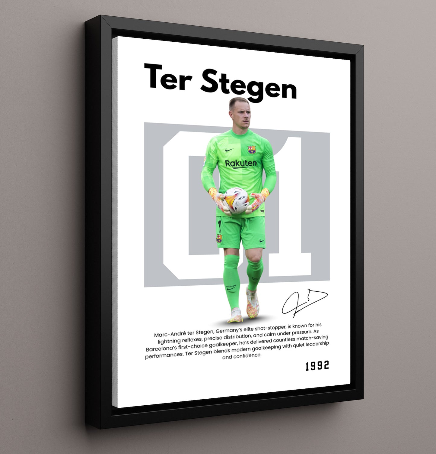 Soccer Legends - Ter Stegen - No. 07 Player Bio Poster 16x20 16x20 Floating Canvas Display Display wall art print – vintage decor