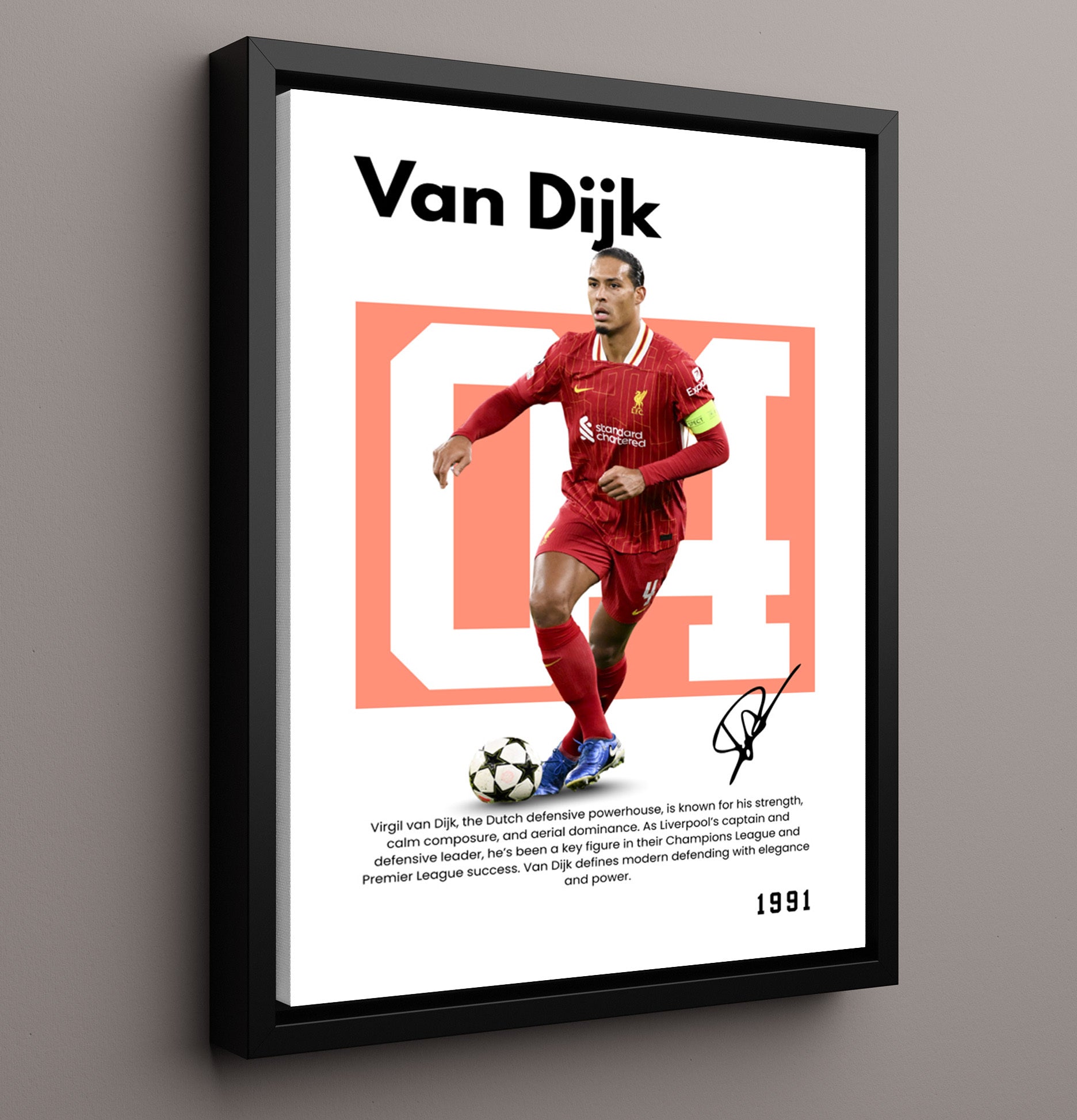 Soccer Legends - Van Dijk - No. 30 Player Bio Poster 16x20 16x20 Floating Canvas Display Display wall art print – vintage decor