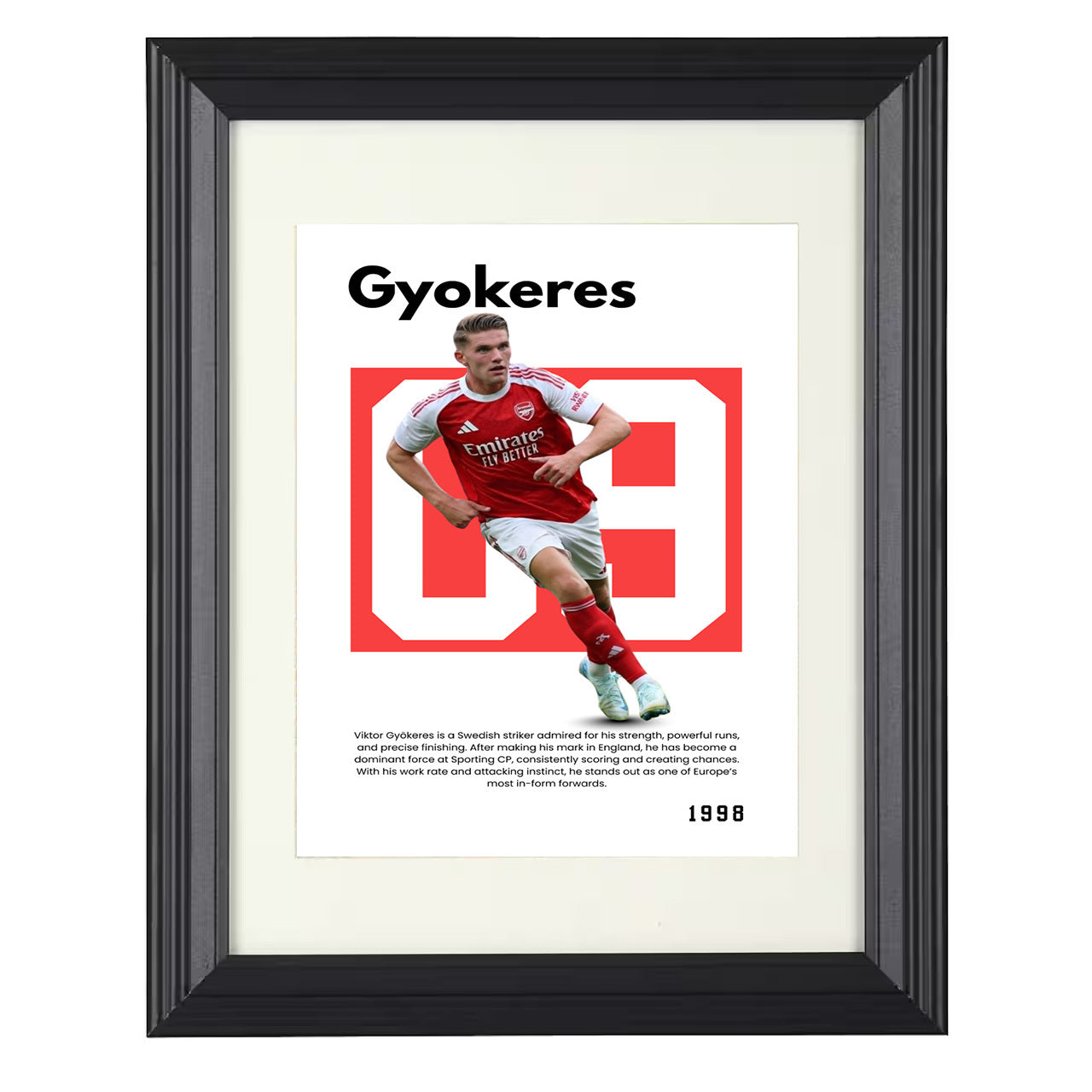 Viktor Gyökeres – No. 09 Player Bio Artwork – Arsenal 8x10 matted black framed soccer wall art