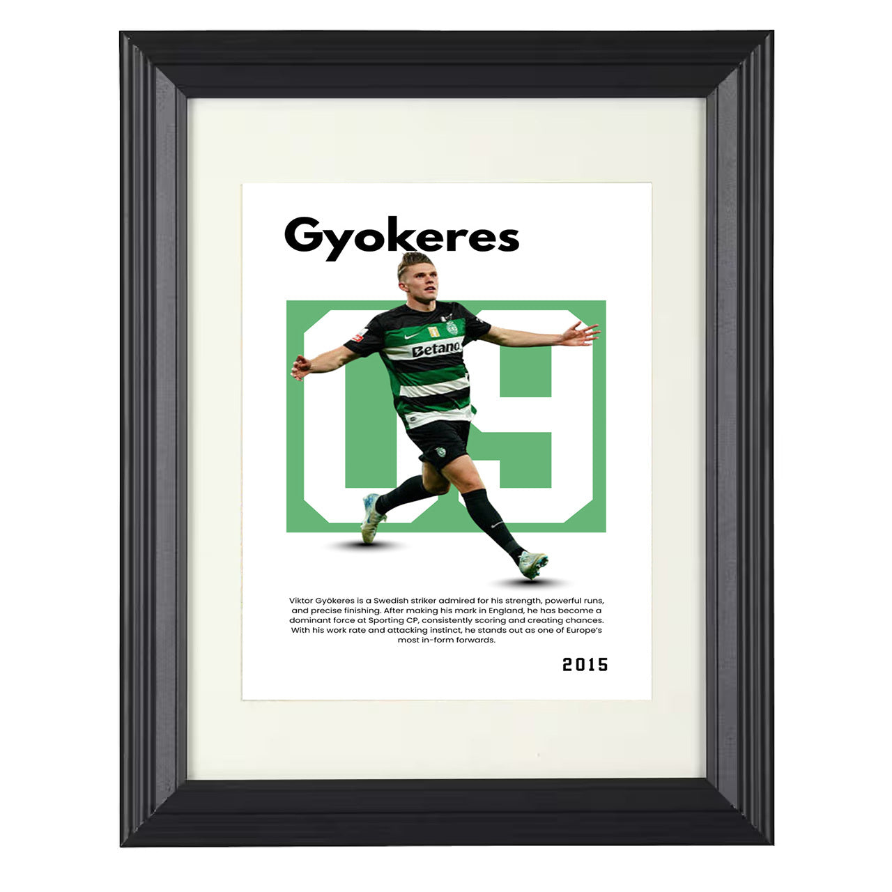 Viktor Gyökeres – No. 09 Player Bio Artwork – Sporting 8x10 matted black framed soccer wall art