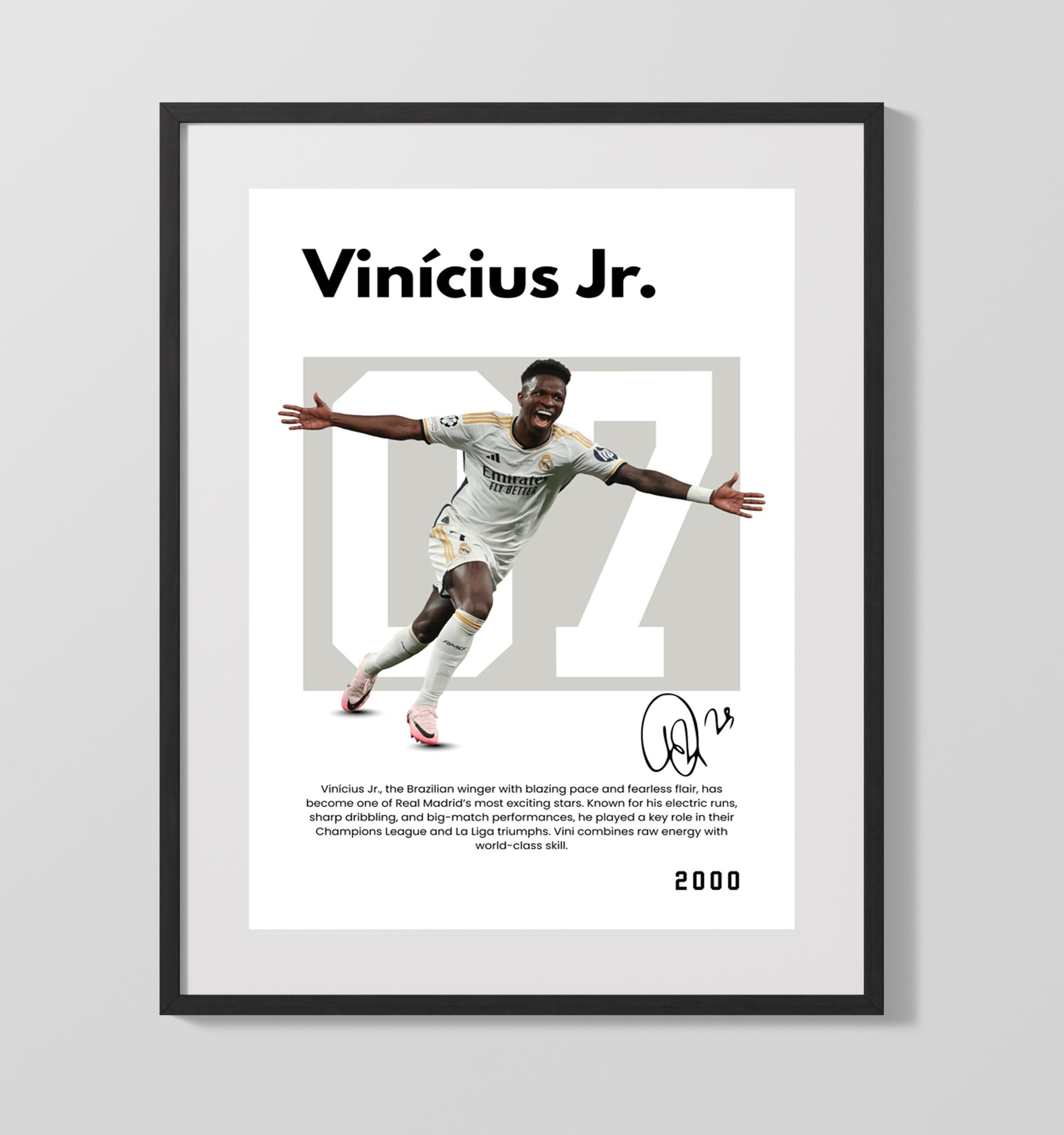 Soccer Legends - Vinicius Jr - No. 07 Player Bio Poster 16x20 16x20 Gallery Framed Artworkd Artwork wall art print – vintage decor