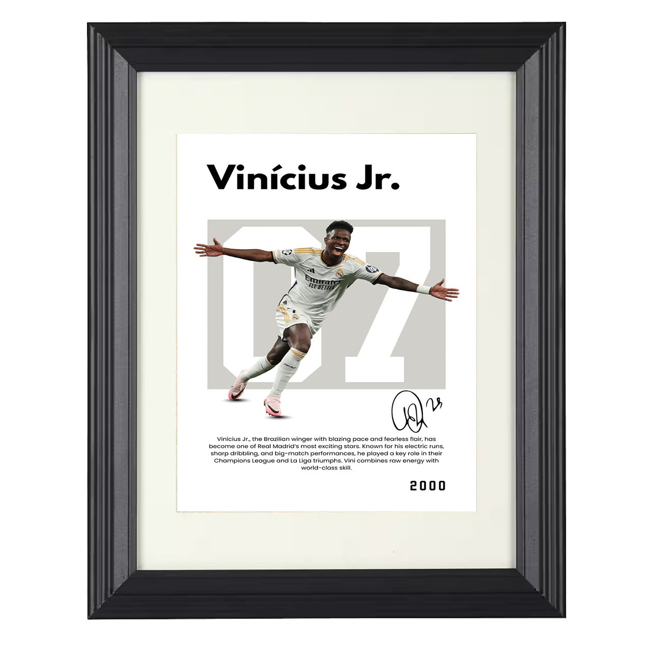 Vinícius Jr. – No. 07 Player Bio Artwork 8x10 matted black framed soccer wall art