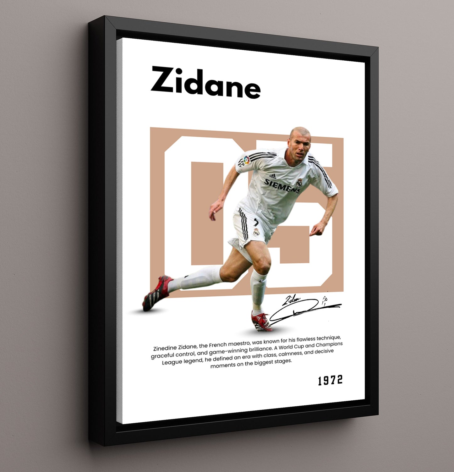 Soccer Legends - Zidane - No. 07 Player Bio Poster 16x20 16x20 Floating Canvas Display Display wall art print – vintage decor
