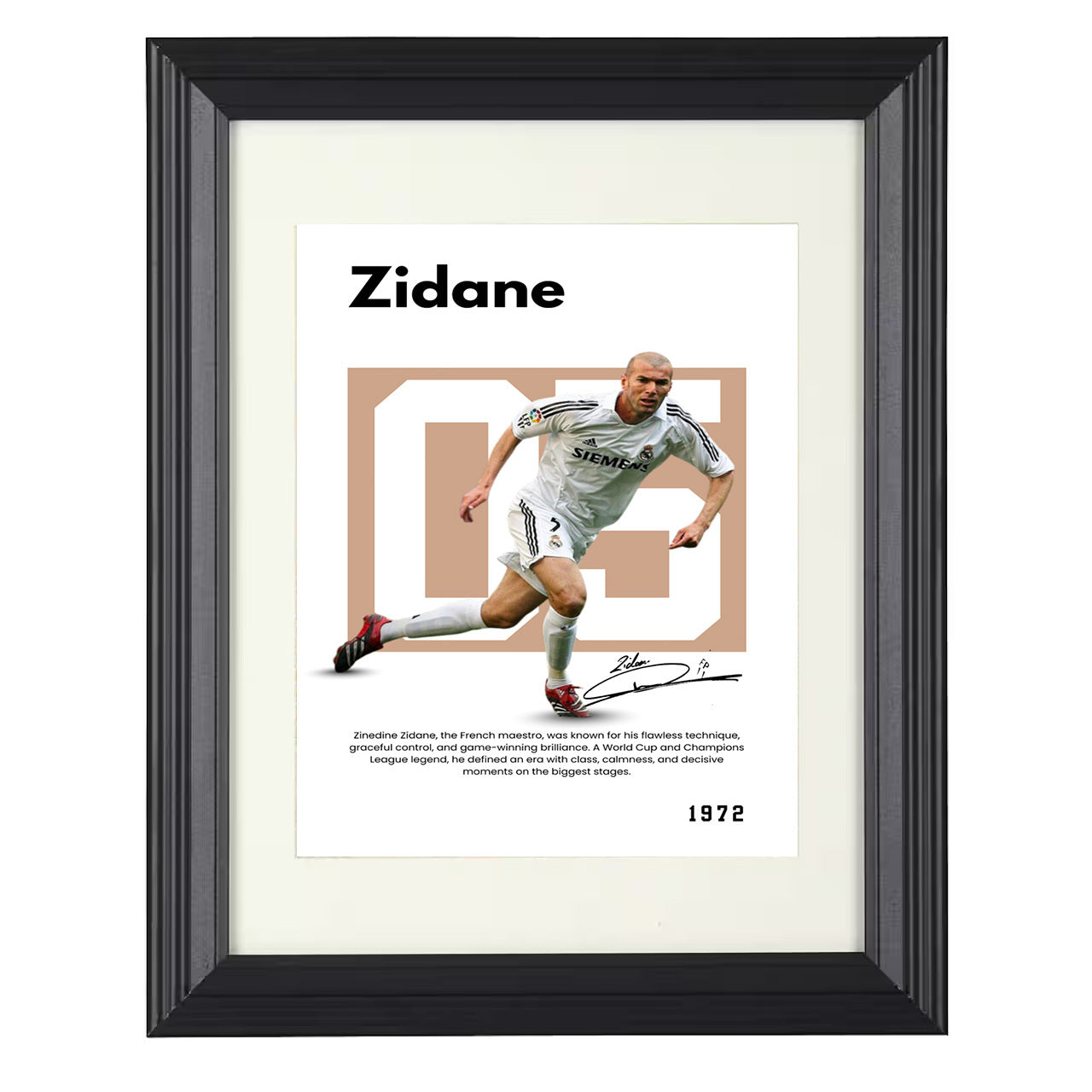 Zinedine Zidane – No. 07 Player Bio Artwork 8x10 matted black framed soccer wall art