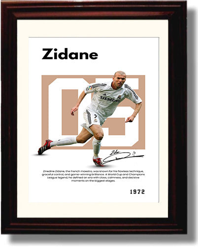 Soccer Legends - Zidane - No. 07 Player Bio Poster Framed 8x10 Matted Beveled Frame Beveled Frame wall art print – vintage decor